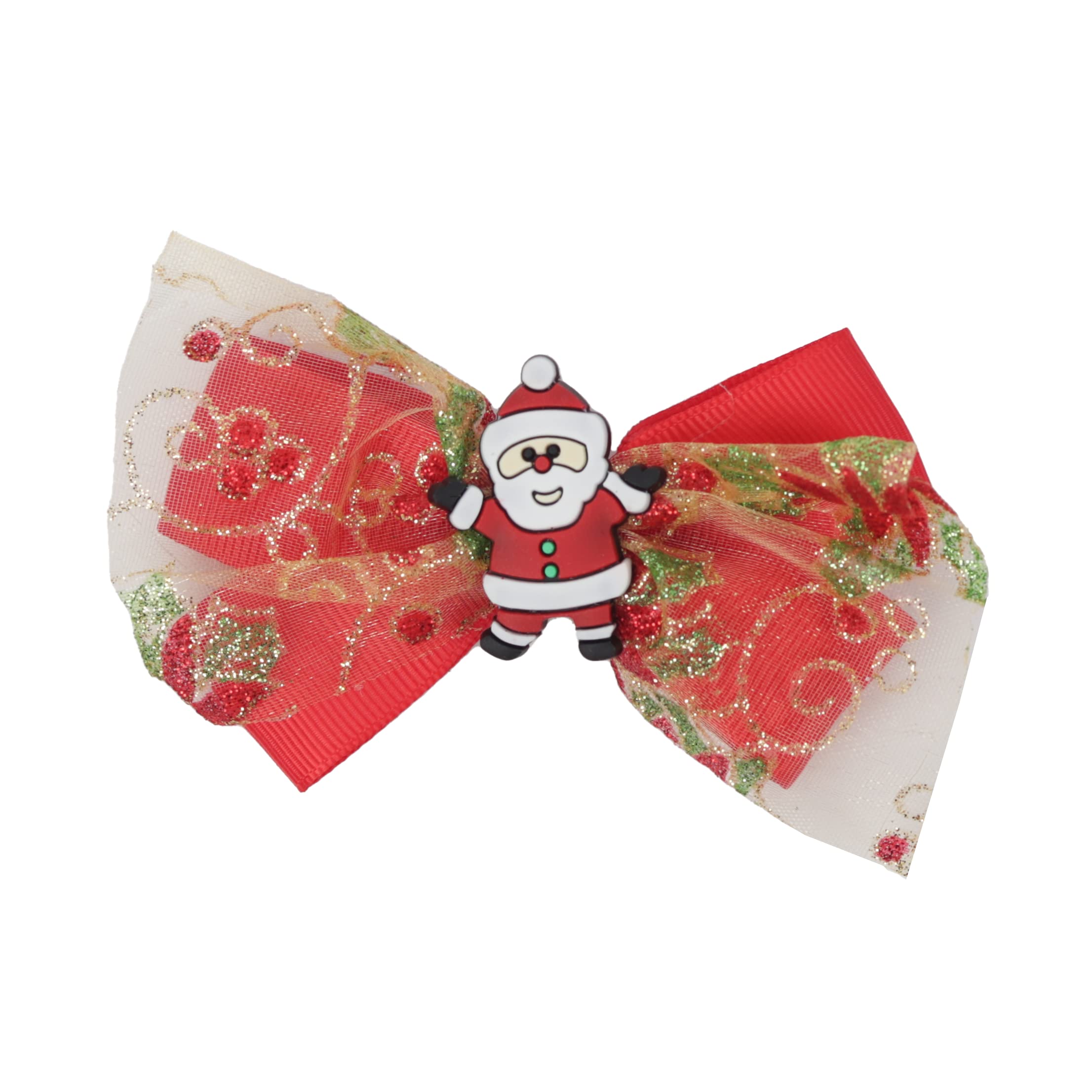 Hair Bow Sparkle Christmas Bow with Silicone Charm - Red Santa