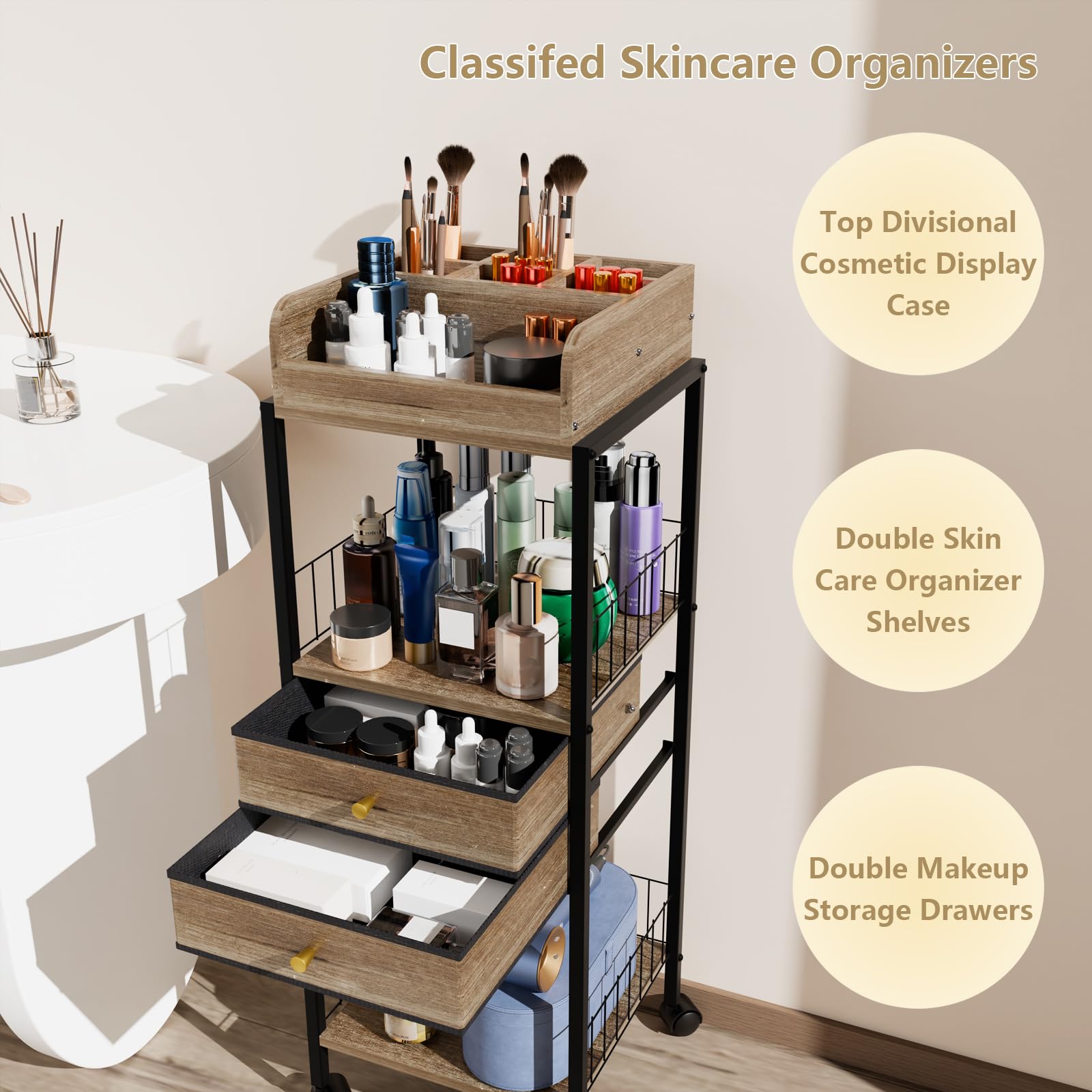 Makeup Organizer Cart Shelf Floor Skincare Organizers Make Up and Station Storage Cabinet For Vanity Standing Cosmetics With Dra