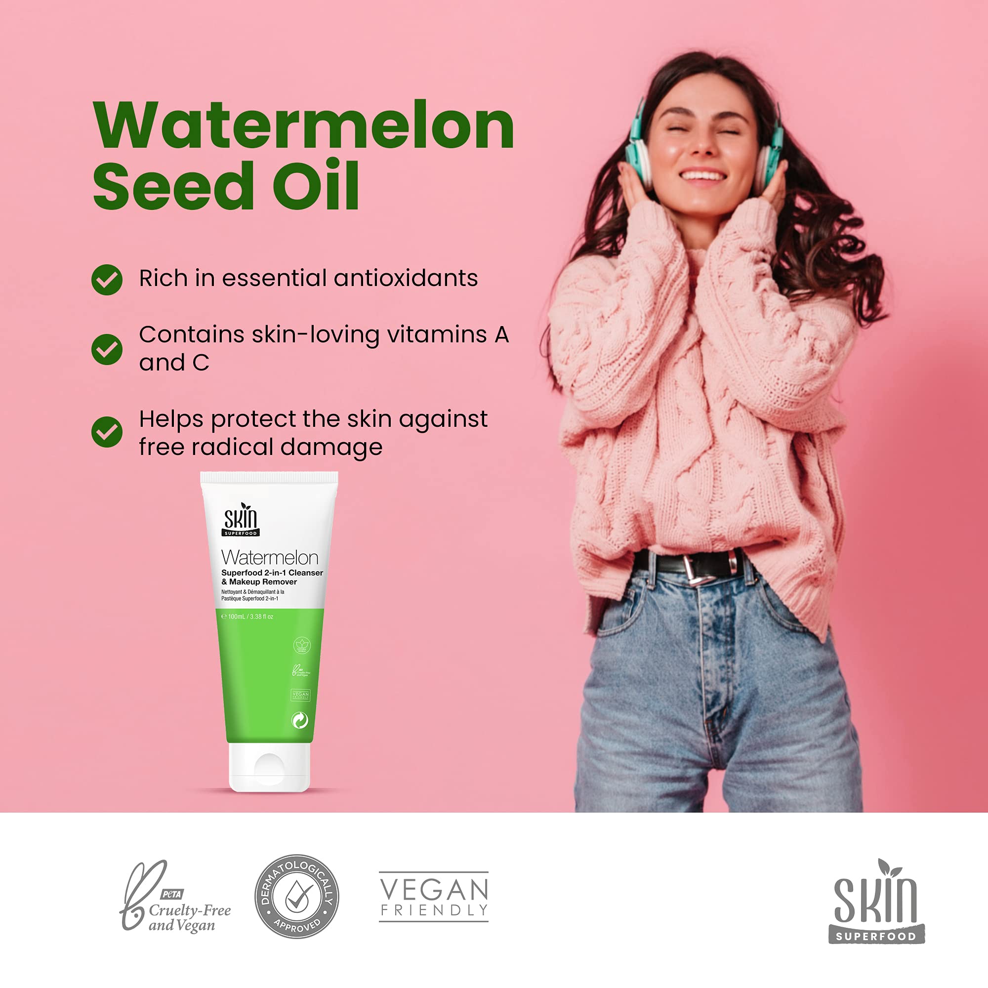 Skin Superfood 2-In-1 Watermelon Cleanser & Makeup Remover. Natural & Vegan 3.38 Fl Oz