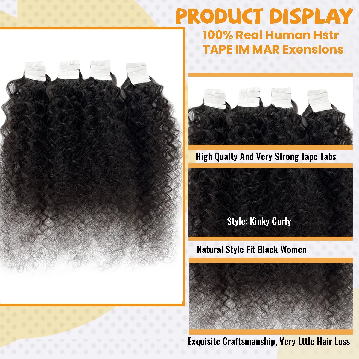 Kinky Curly Tape In Hair Extensions Human Hair #1B Natural Blacktape In 100% Real Human Hair Extensions Skin Weft 20Pcs 50G Kink