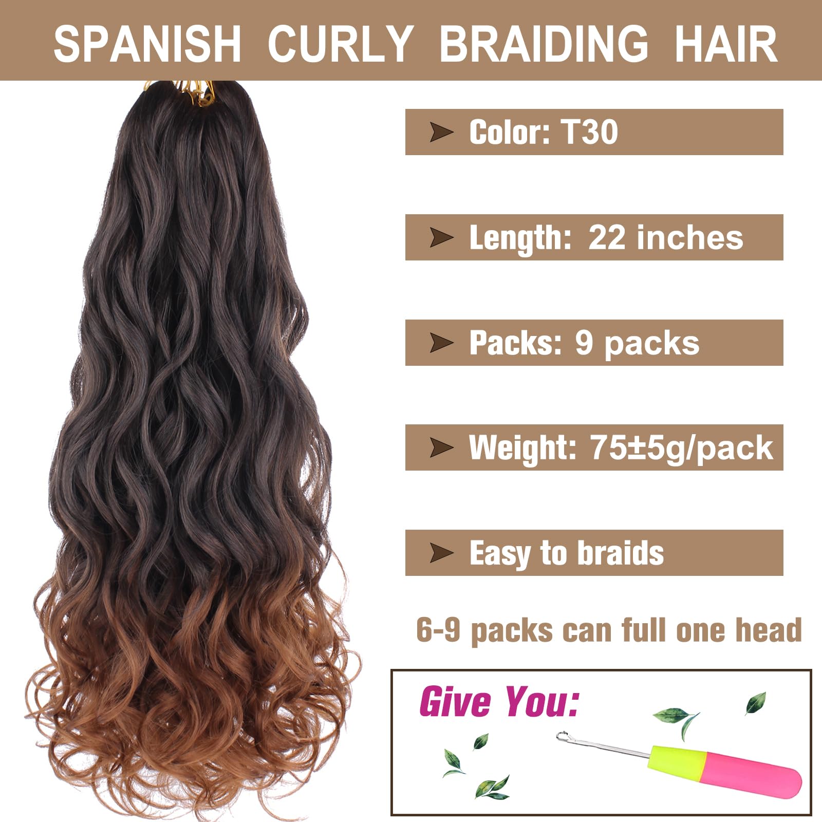 Cookoo 9 Pack Pre Stretched French Curls Braiding Hair 22 Inch 75G/Pack Ombre Brown Goddess Crochet Hair Loose Wavy Crochet Brai