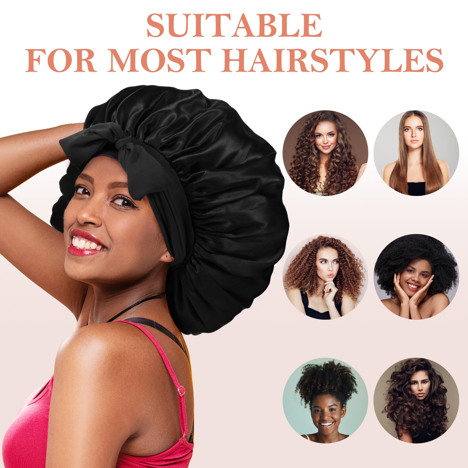 3Pcs Silk Bonnet For Sleeping Women, Extra Large Satin Bonnet For Black Curly Women Braids Hair Jumbo Bonnet Showercap(Black)