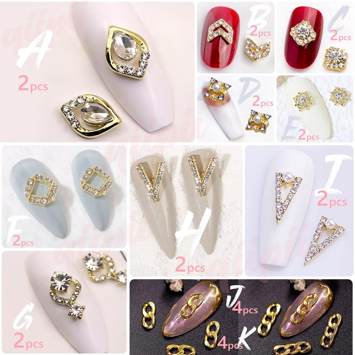 Qiipii 62Pcs Golden Alloy Nail Charms Bulk Luxury Rhinestones Charms For Nails Metal 3D Gold Nail Art Gems Crystals Diamonds Jew