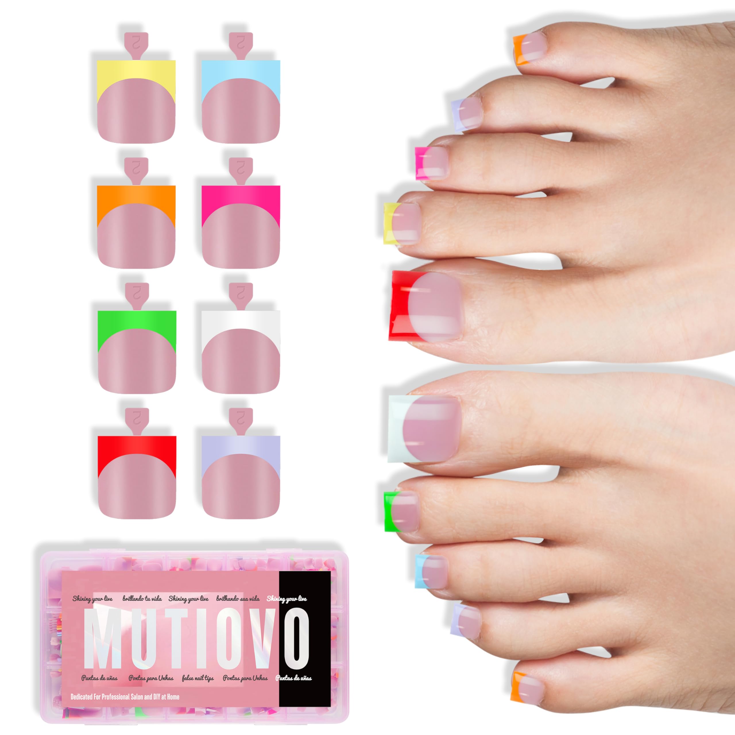 MUTIOVO 8 MIXED Summer Color French Tip Toe Nail Tips, Sharp Square Soft Gel False Toenail Extension,Full Cover Acrylic, no Glue