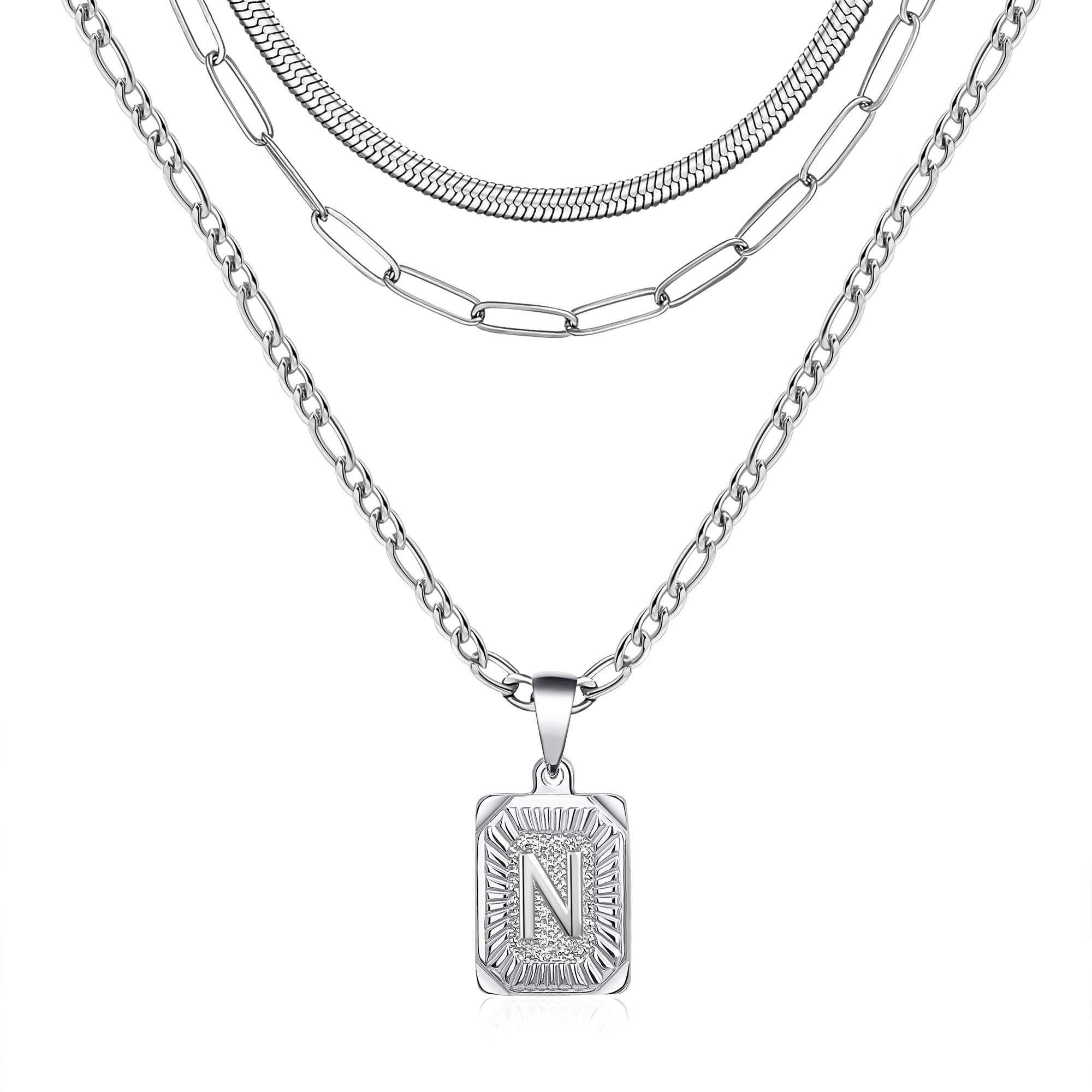 Memgift Layered Initial Necklaces for Women Dainty Trendy Paperclip Snake Choker Silver Stainless Steel Figaro Chain Jewelry Gif