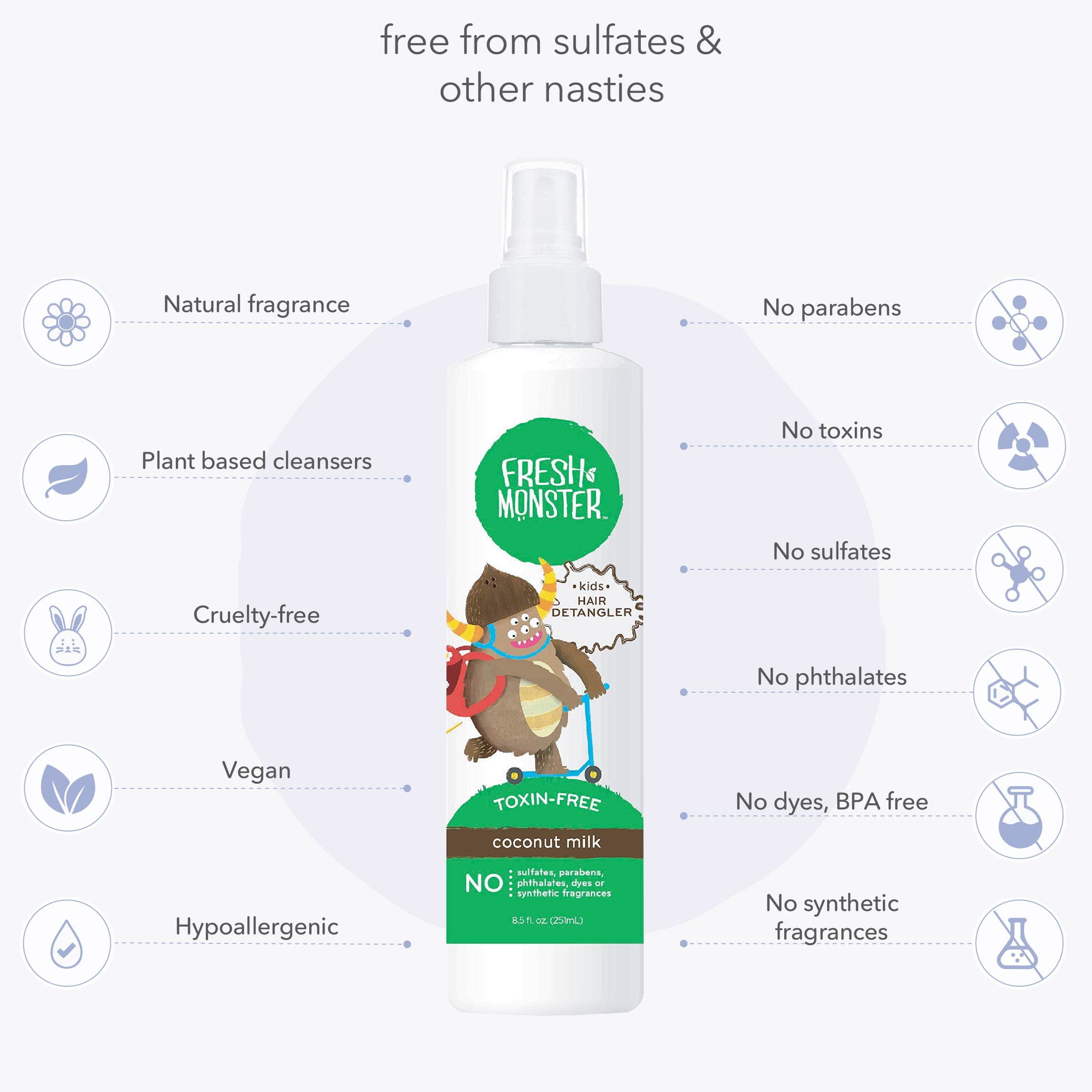 Fresh Monster Kids Detangler Spray, Toxin-Free, Hypoallergenic & Natural, Hair Conditioning Spray For Kids, Coconut (2 Pack, 8.5