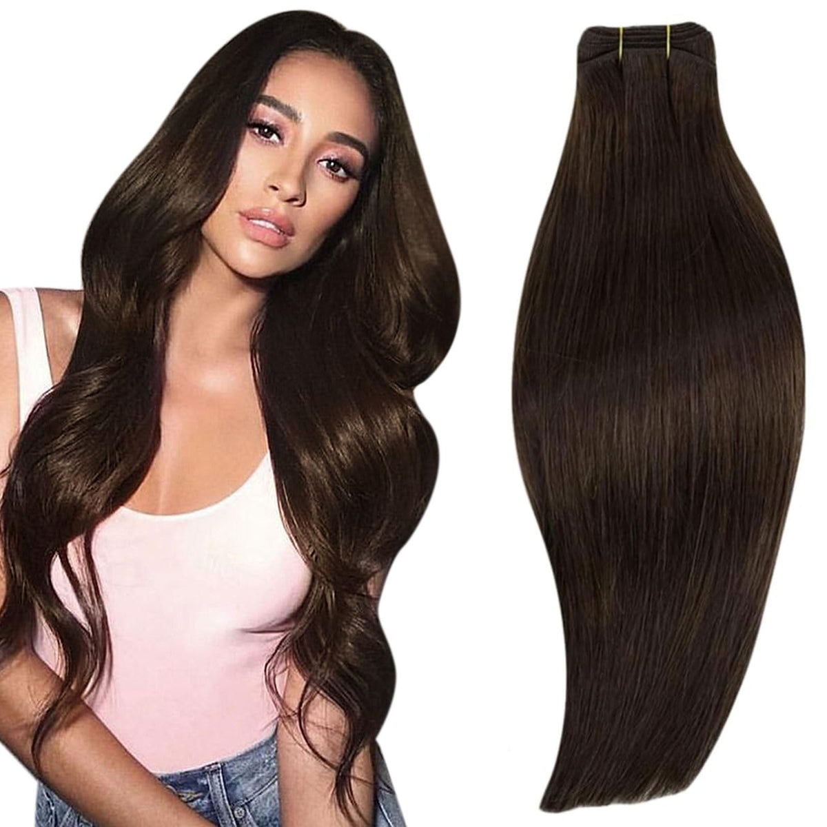 RUNATURE Dark Brown Sew in Hair Extensions Real Human Hair 20 Inch 100G Long Weft Hair Extensions Human Hair Brazilian Straight 