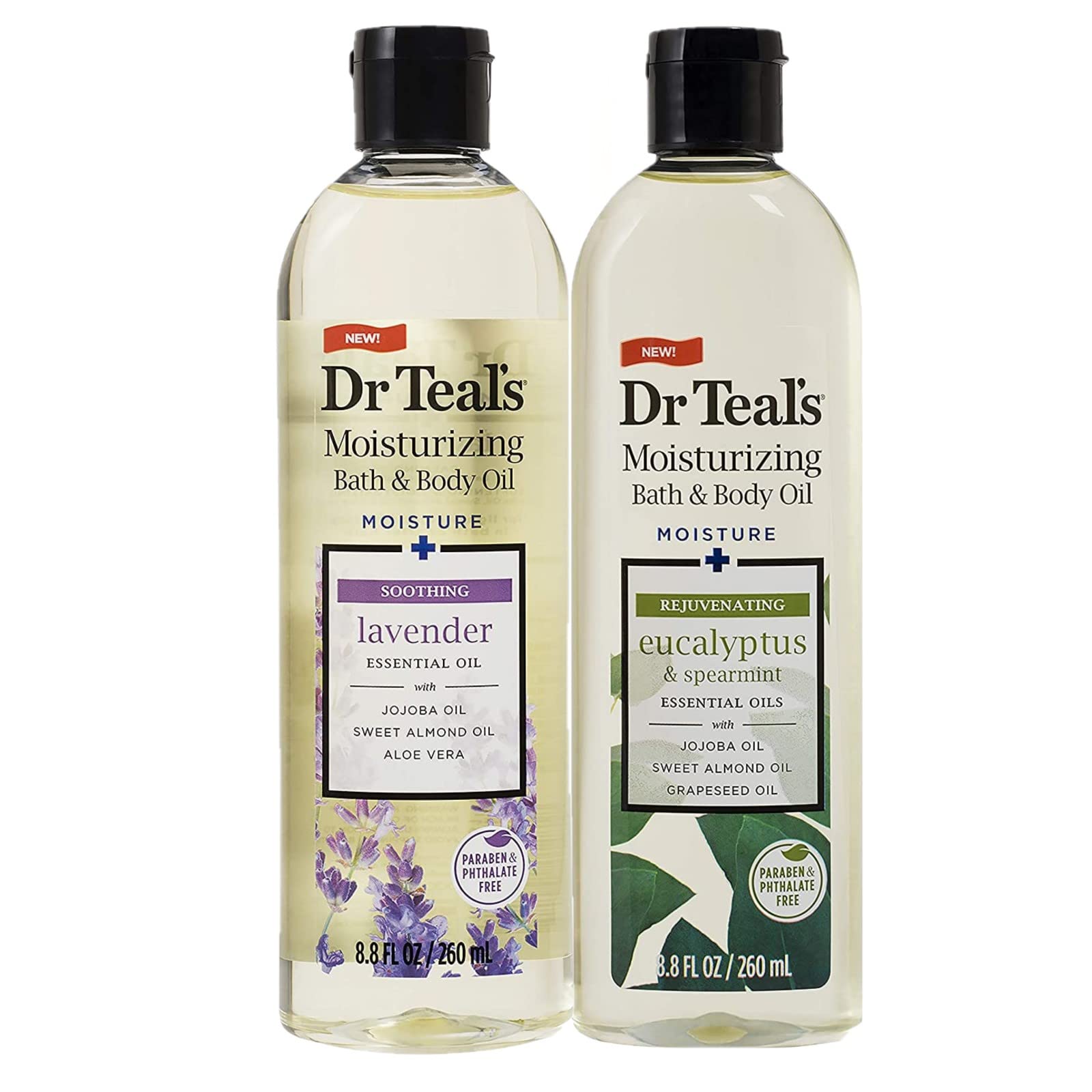 Dr. Teals Bath & Body Oil Variety Gift Set (2 Pack, 8.8oz Ea.) - Soothing Lavender & Rejuvenating Eucalyptus & Spearmint - Essen