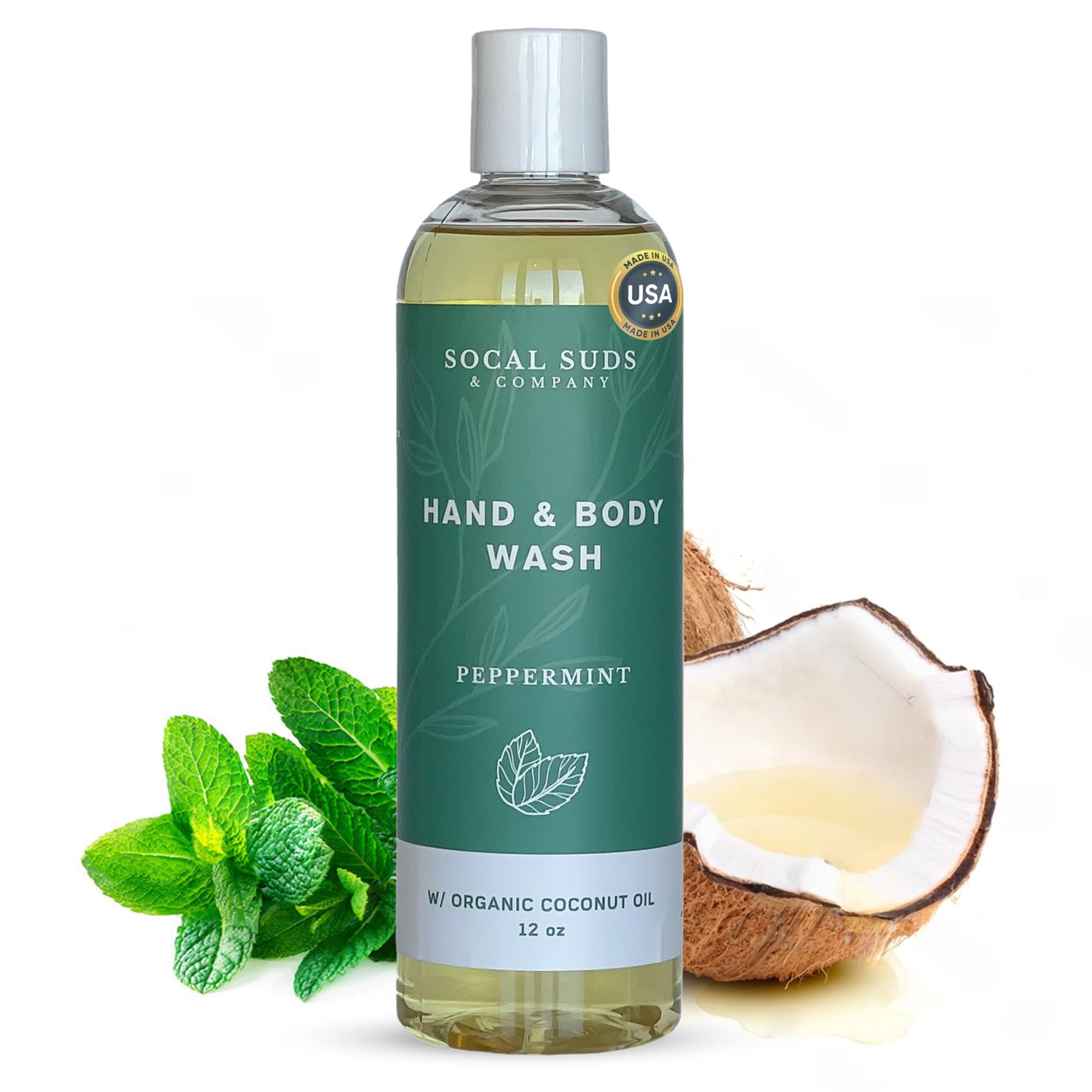 SoCal Suds & Company - 12oz Thick Organic Castile Soap Liquid Peppermint, Hand & Body Wash for Men & Women, Made w/Organic Oils 