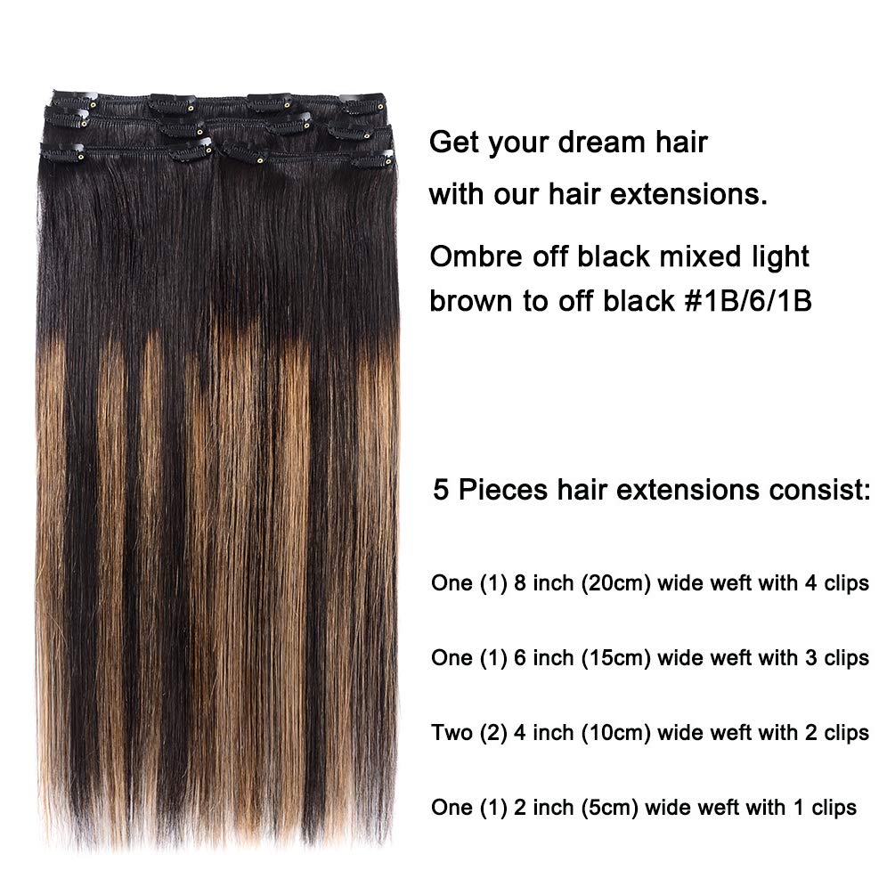 5 Pieces 16'' Remy Clip In Hair Extensions Human Hair Natural Black To Chestnut Brown Highlight Black Ombre - Silky Straight Sho