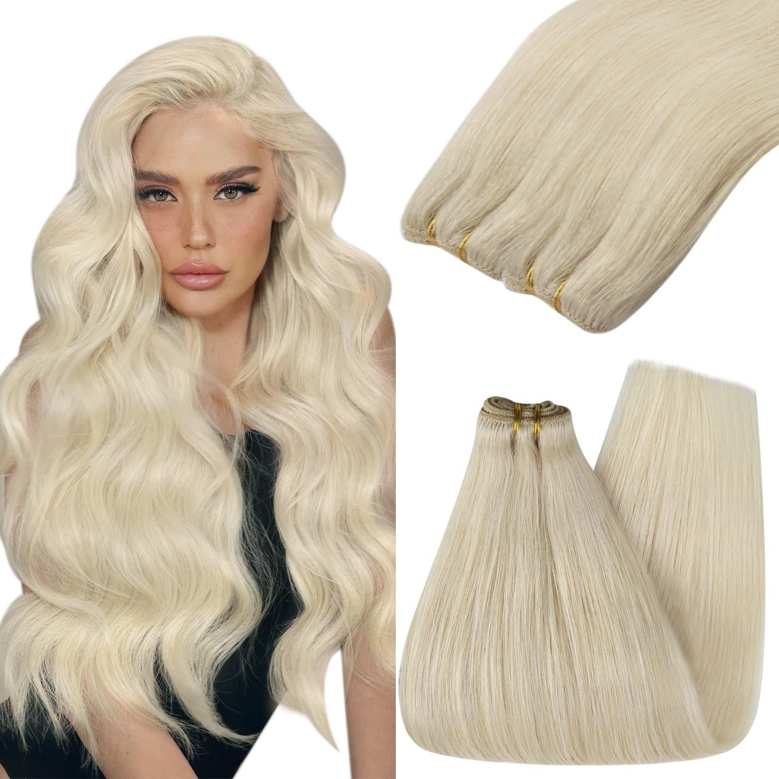 YoungSee 22 Inch Weft Hair Extensions Human Hair Platinum Blonde Sew in Hair Extensions Long Blonde Human Hair Extension Sew in 