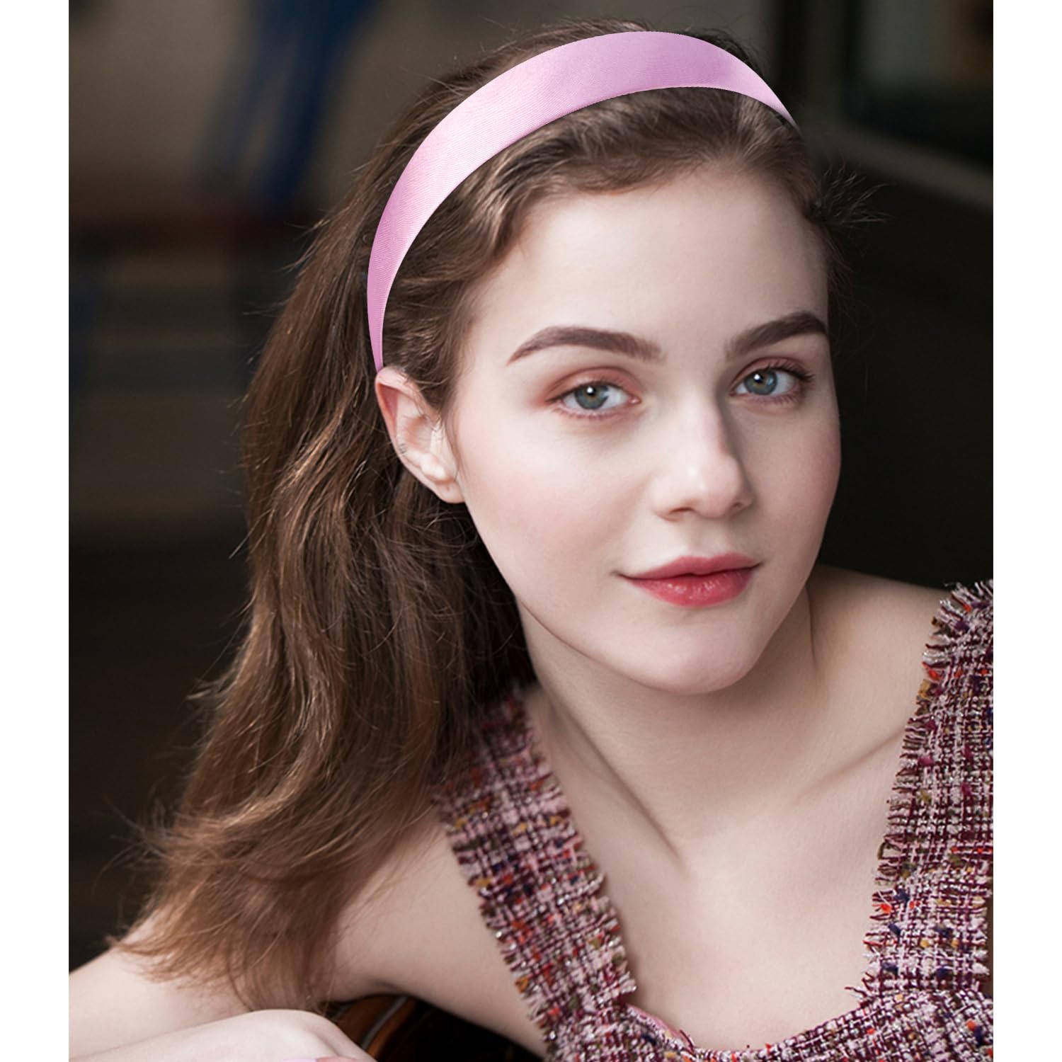 Atoden Satin Pink Headbands For Women Girls 1.18 Inch Wide Thin Hard Headbands Non Slip Ribbon Hair Bands Plain Headbands For Cr