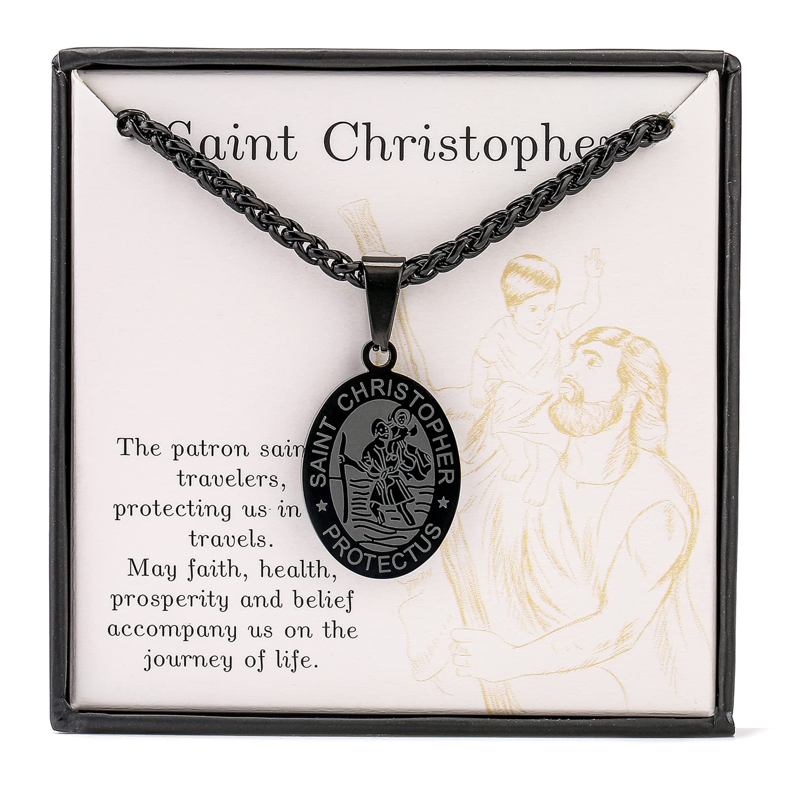 Zocomi Black Saint St Christopher Medal Necklace for Men Boys, St. Patron Pendant Chain Jewelry Catholic Christian Religious Bap