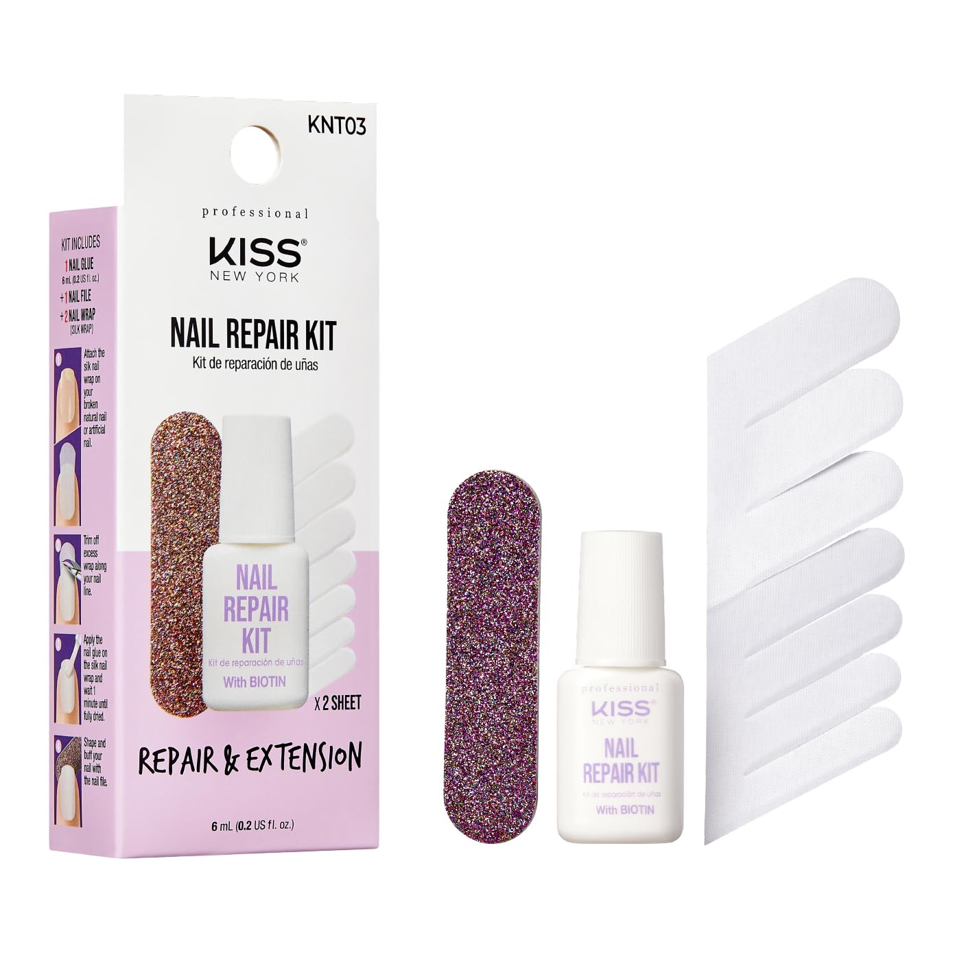 Kiss New York Nail Repair Kit for Damage Nails, Broken Cracked and Weak Nails, Biotin Infused Nail Glue, Nail File, and 2 Nail W