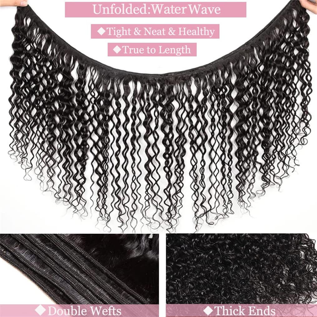 Menalue Human Hair Bundles with Closure, 12 14 16+10, Water Wave, 10A Brazilian Virgin Hair, Double Weft, Natural Color