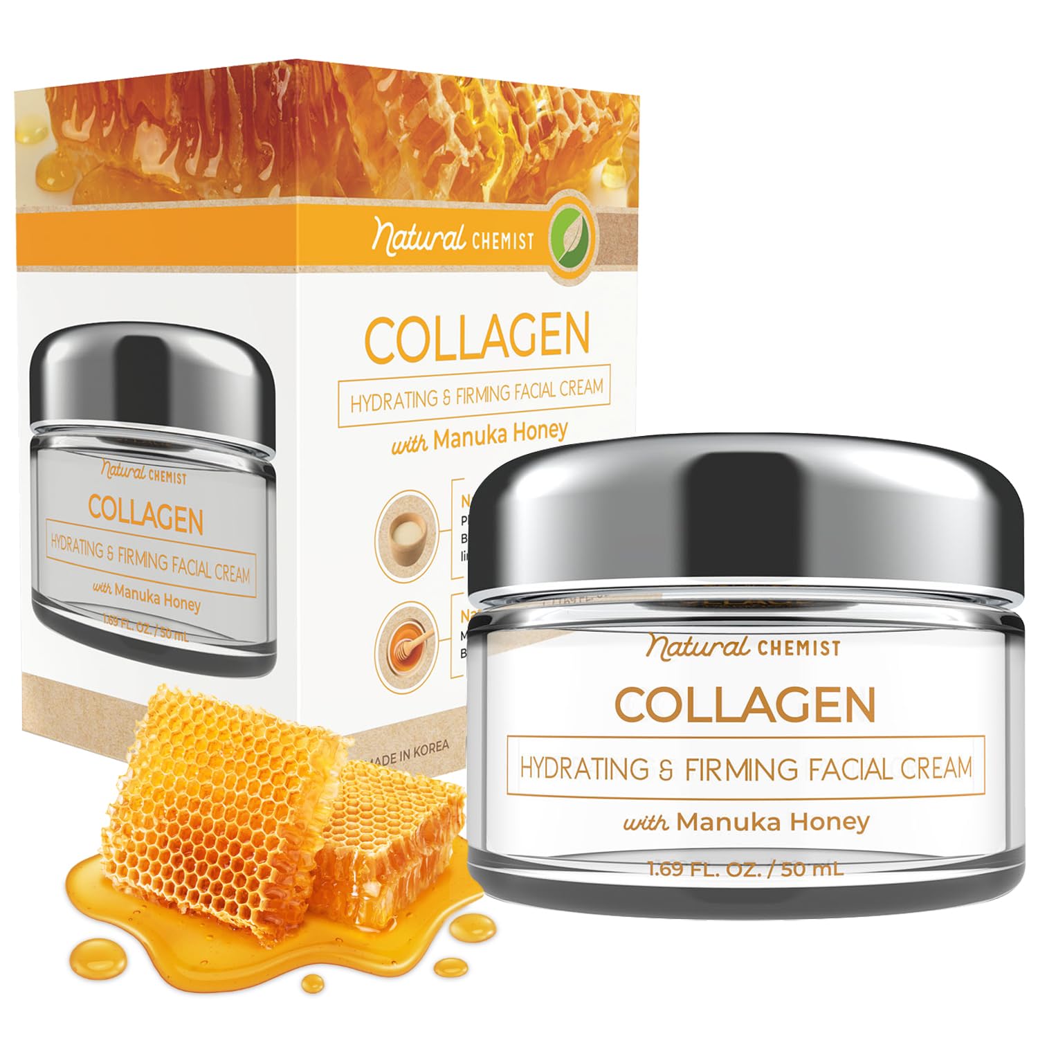 Natural Chemist Collagen & Manuka Honey Daily Face Moisturizer - Moisturizing & Balances Ph Level, Anti-Aging & Firming Day Crea