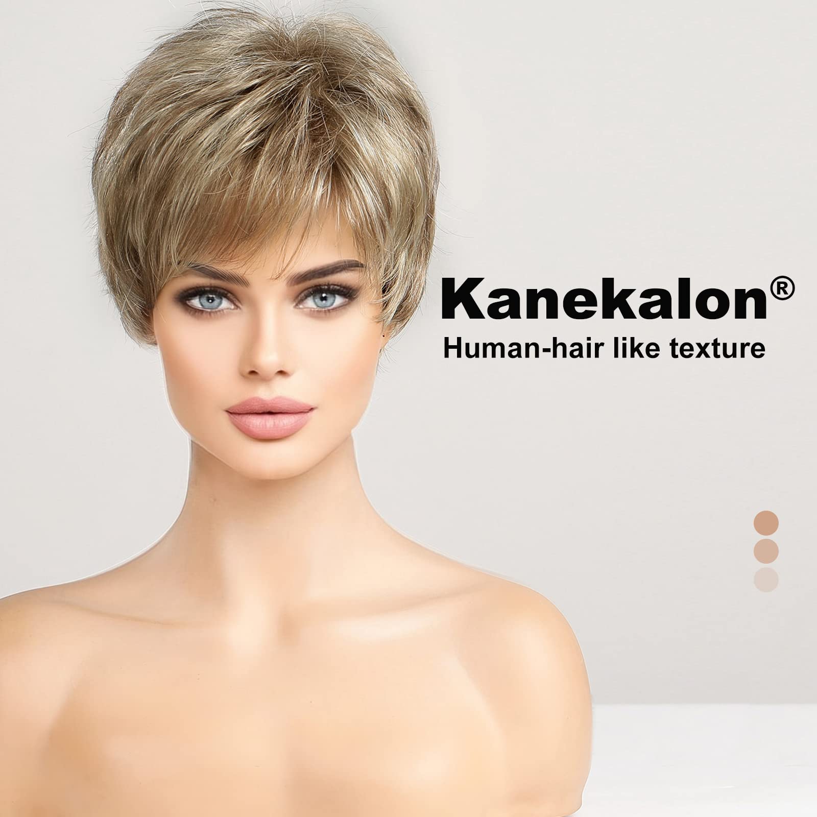 Haircube Human-Hair Like Texture Light Blonde Mixed Off-White Short Pixie Cut Wigs For Women With Bangs Synthetic Replacement Wi