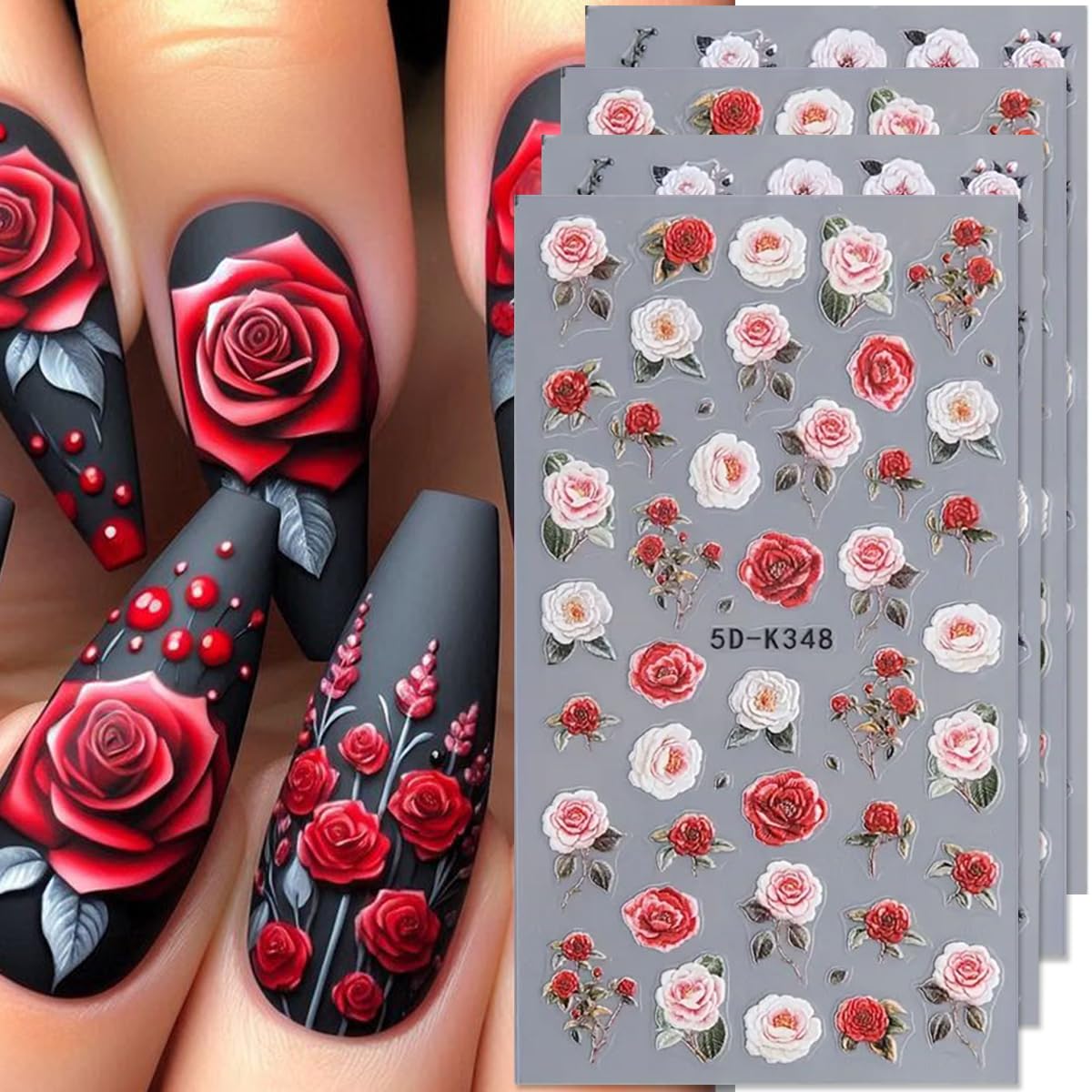 Flower Nail Art Stickers 5D Embossed Rose Flowers Nail Decals 4PCS Black Red Pink Rose Floral Valentines Nails Design Self-Adhes