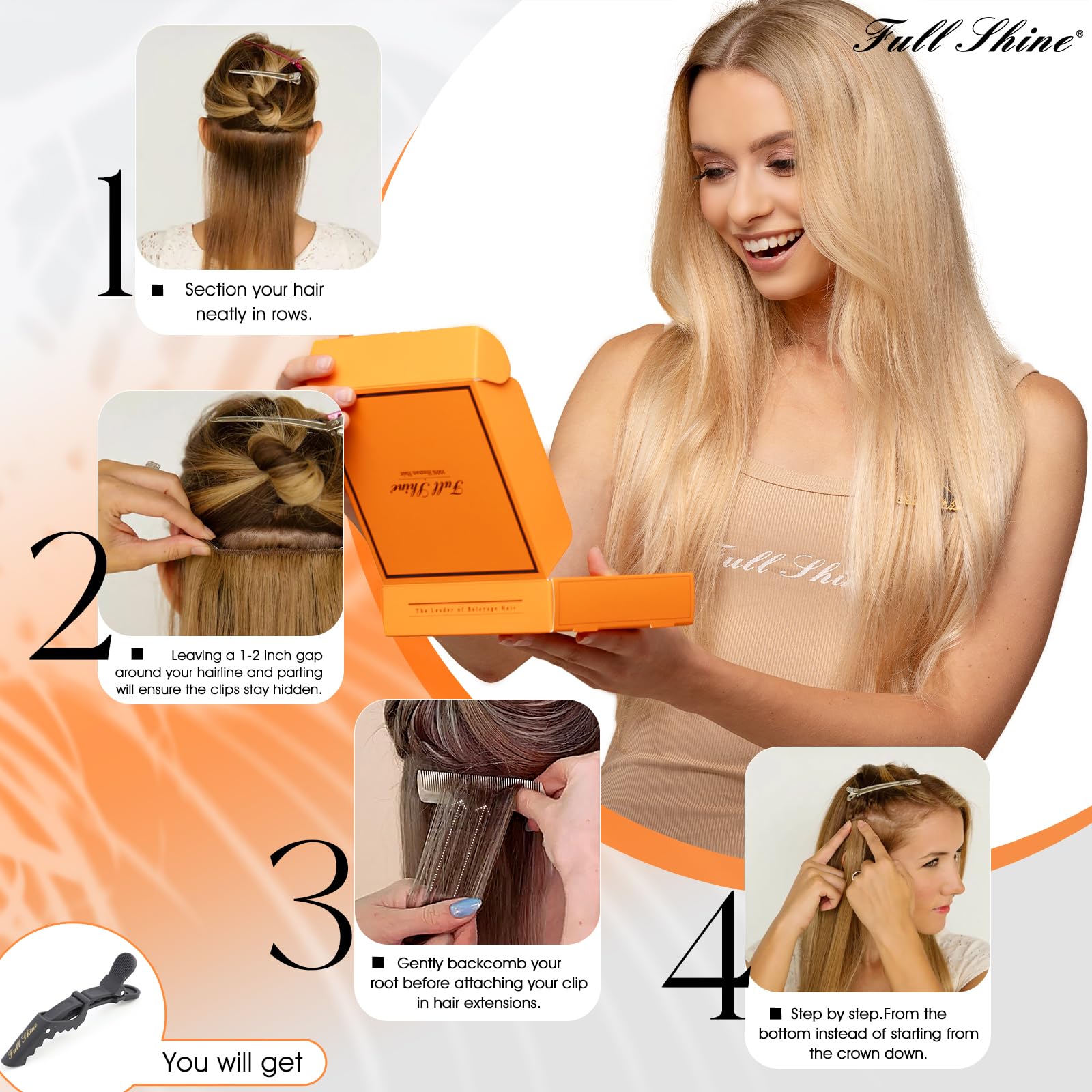 Full Shine Clip In Hair Extensions Balayage Human Hair Clip In Extensions Brown Mix Honey Blonde 4/24/4 Ombre Clip In Extensions