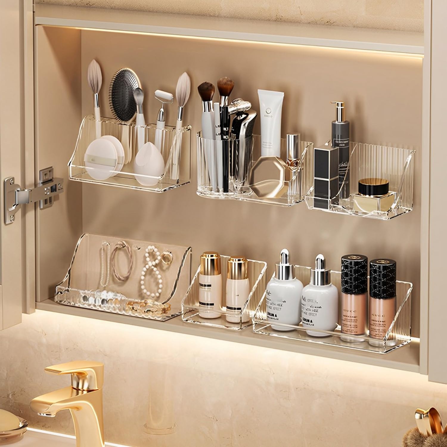 MORNITE 6 Pcs Medicine Cabinet Tray Organizer, Bathroom Vanity Toilet Cabinet Inside Shelves Storage Holder for Skincare Perfume