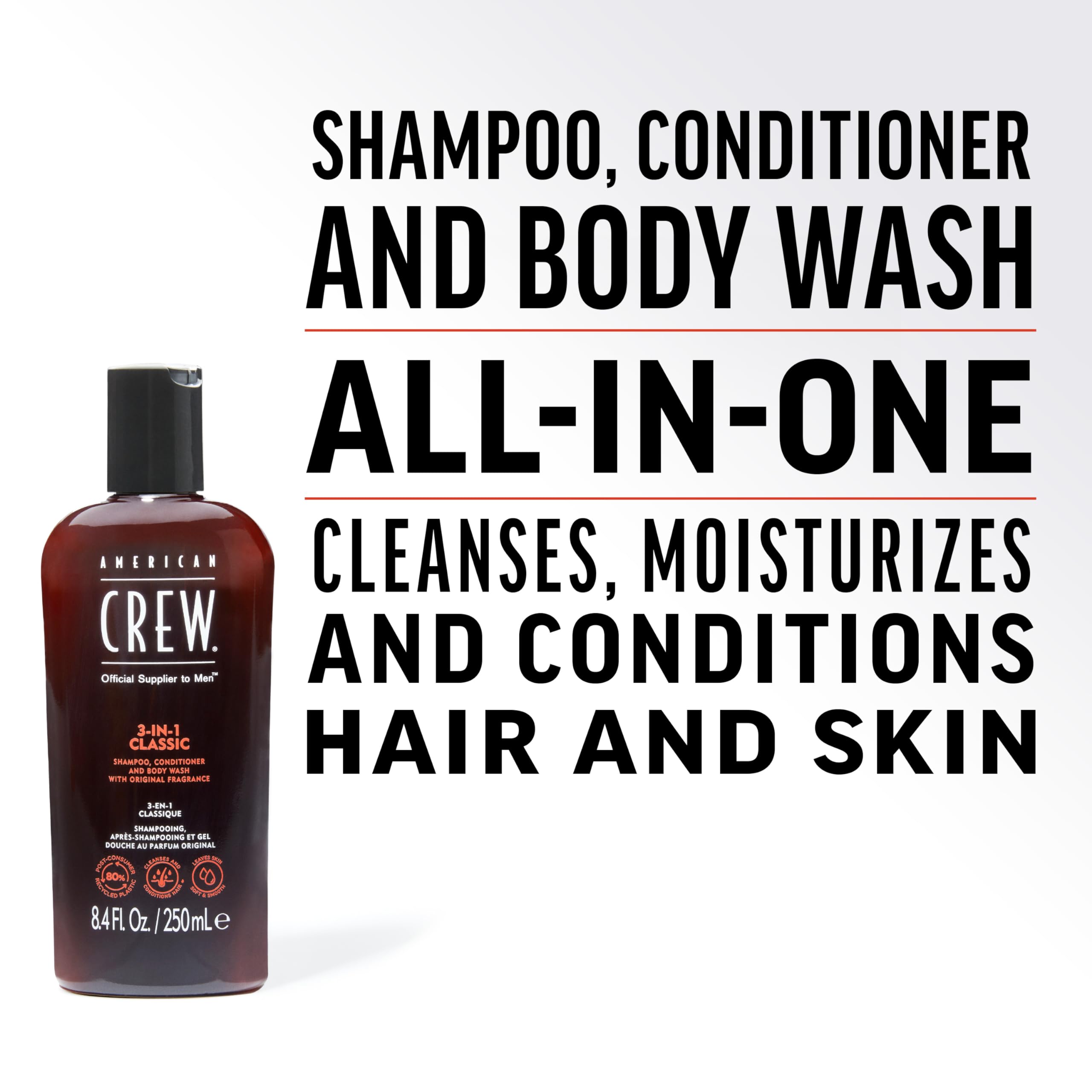 American Crew 3-in-1 Shampoo, Conditioner & Body Wash for Men, 8.4 Fl Oz, Clear, Model 7240521000