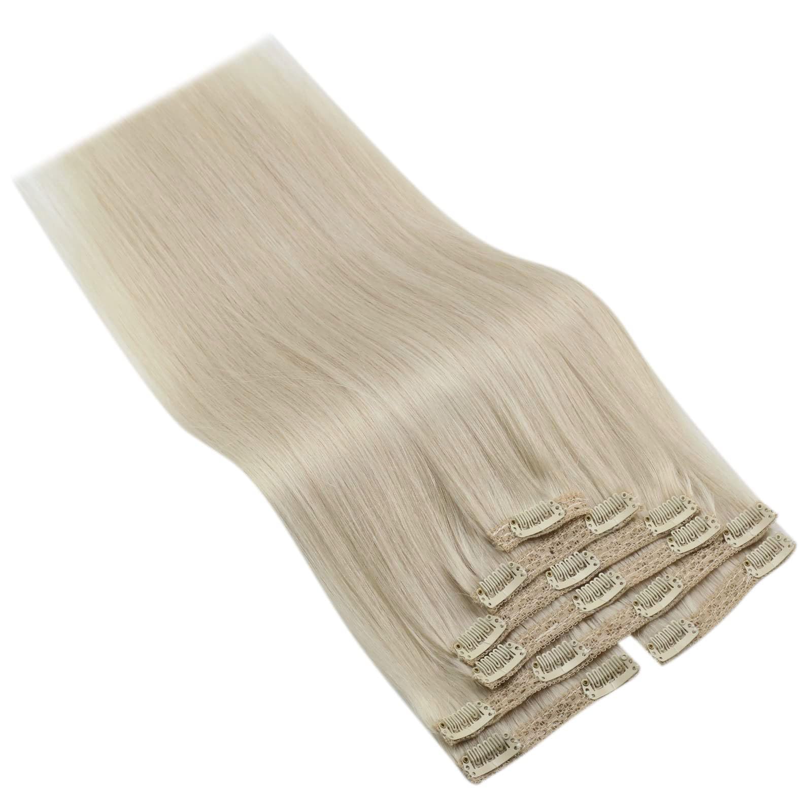 Sunny Long Clip in Hair Extensions Human Hair Platinum Blonde Real Hair Extensions Clip in Human Hair Blonde Hair Extensions Rem