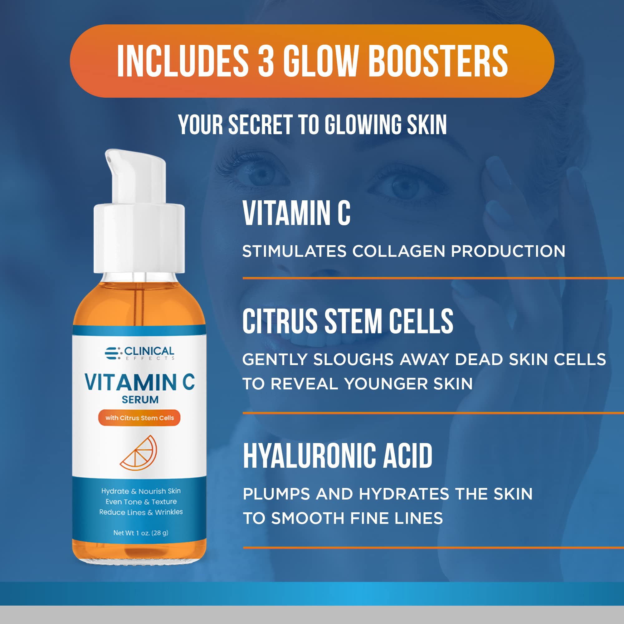 Clinical Effects Vitamin C Serum - Skin Brightening Serum with Hyaluronic Acid - Antioxidant Serum for Face - Sensitive, Acne-Pr