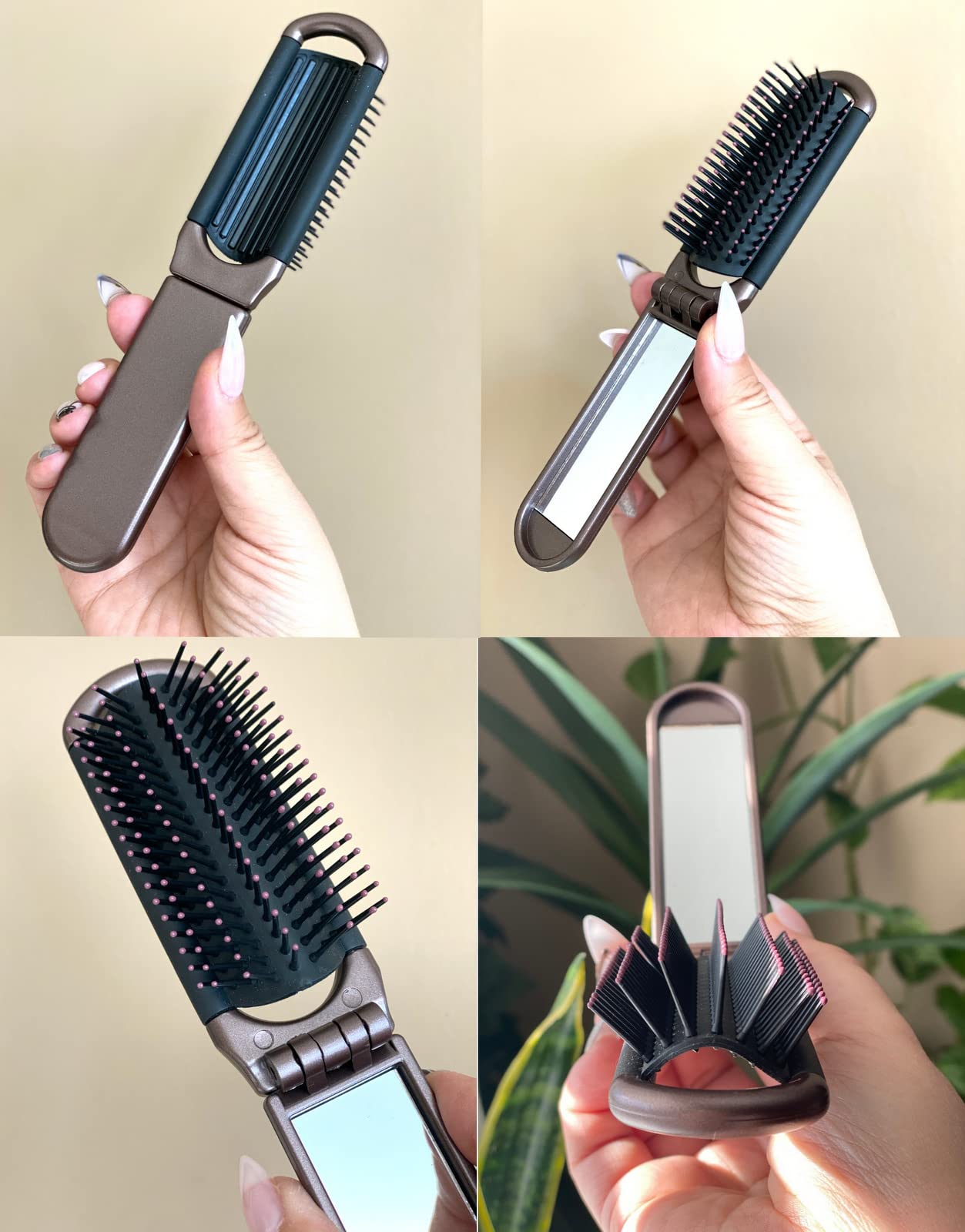 2 Brown Color Alazco Folding Hair Brush With Mirror Compact Pocket Size Travel Car Gym Bag Purse Locker Swimming Camping Sleepov