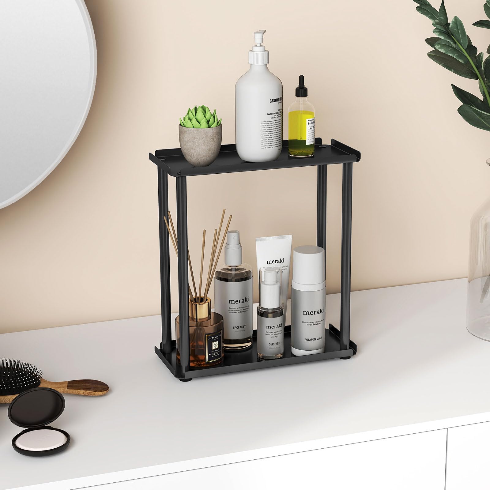 FWYH 2-Tier Metal Small Bathroom Makeup Organizer Vanity Countertop Skincare & Perfume Storage