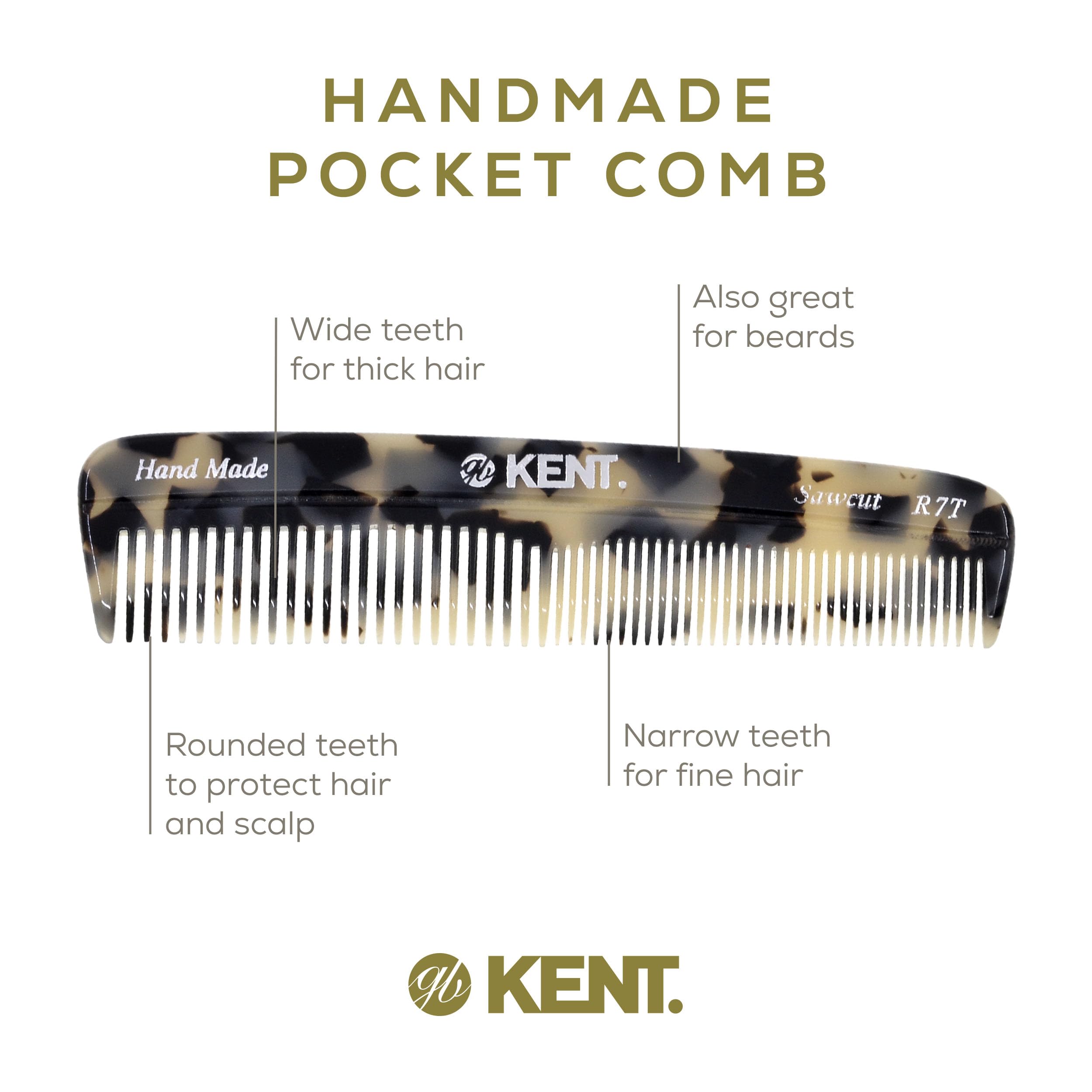 Kent R7T Tw Fine And Wide Tooth Hair Comb - 5.1'' Handmade Pocket Comb For Men, Best Beard Comb And Mustache Comb For Everyday G