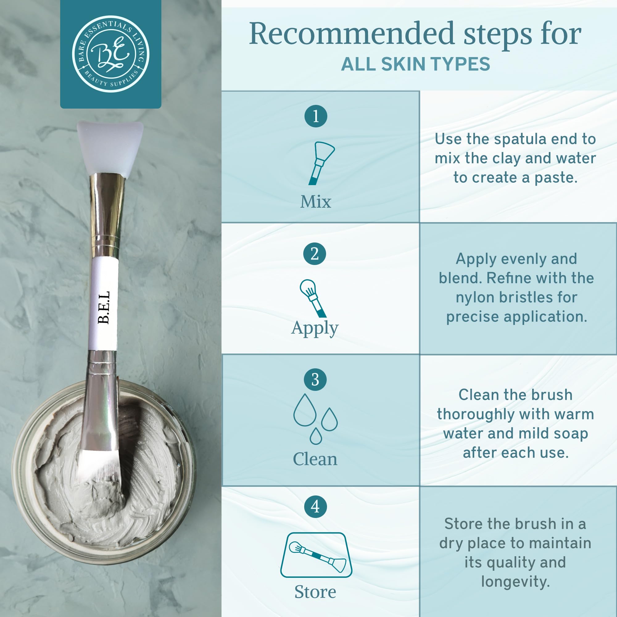 Bare Essentials Living Clay Face Mask Brush (3 Pack, White) Dual Soft Silicone Face Mask Applicator Brush Tool, Great Facial Ess