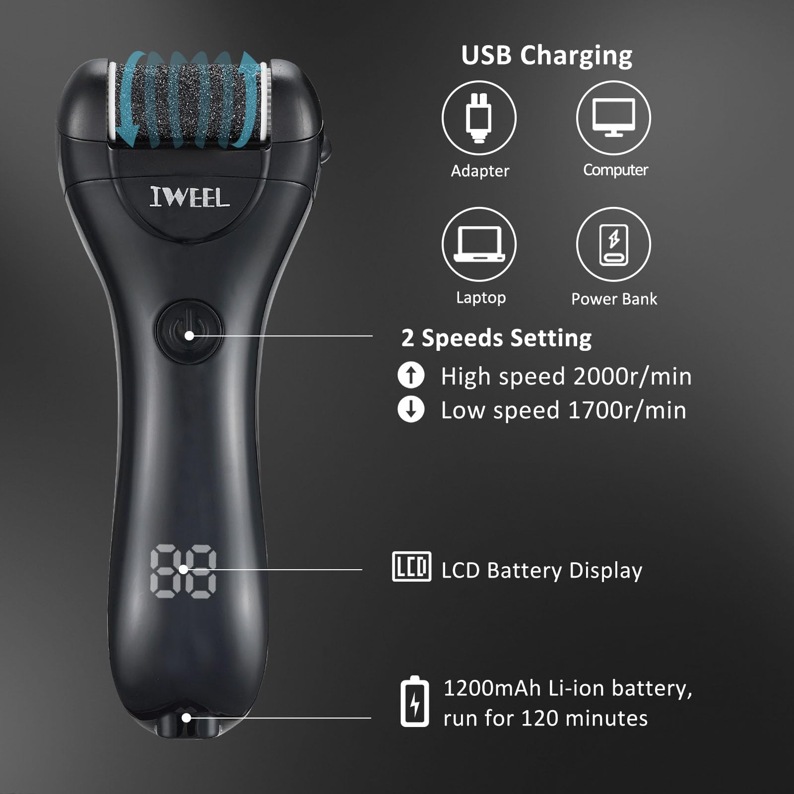IWEEL Electric Foot Callus Remover - Rechargeable Pedicure Kit, 1 Count, Black - Professional Foot Care Tool for Dead Skin Removal