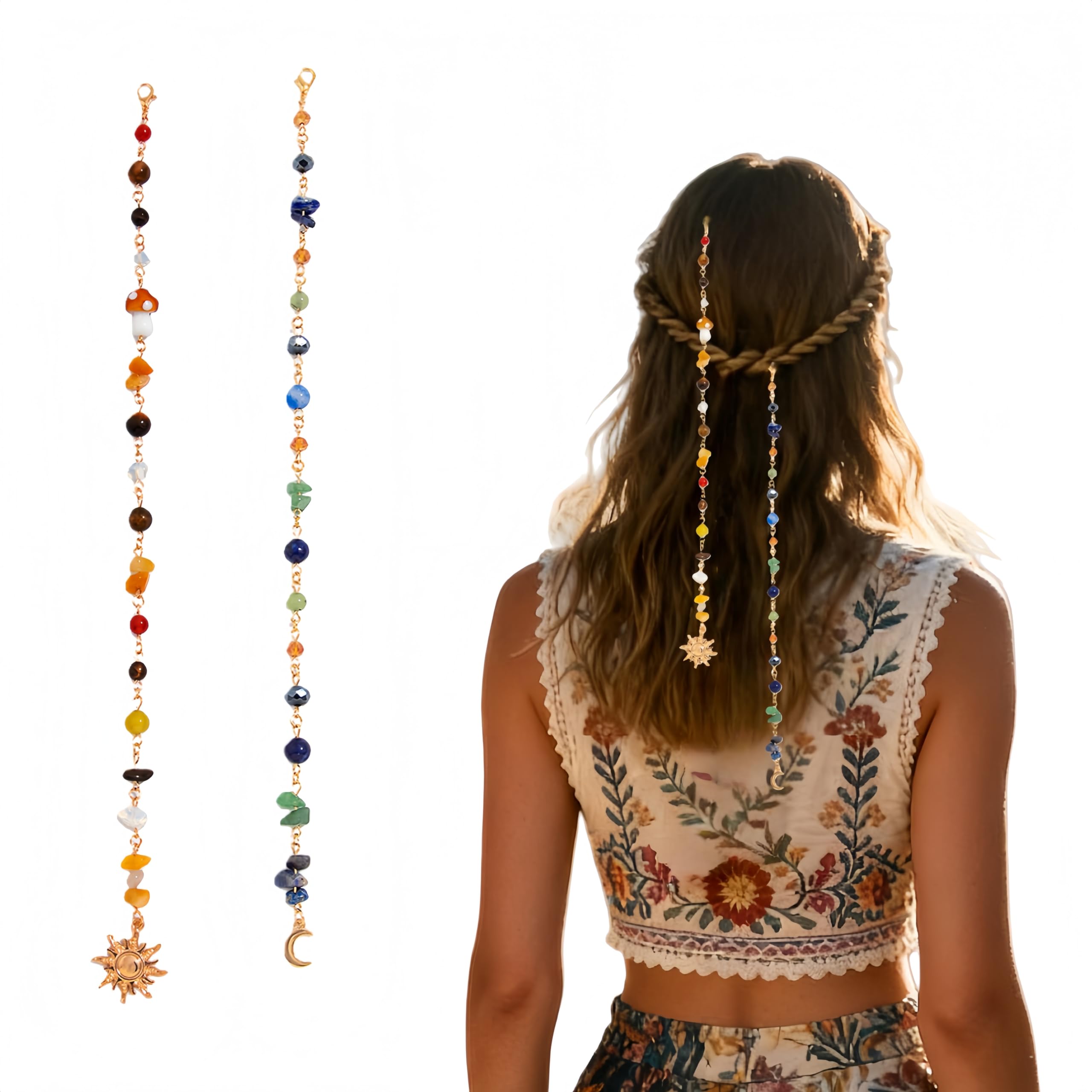 Fameza Beaded Hair Chain Accessories For Women And Girls | 2 Pcs Decorative Hair Jewelry With Colorful Beads And Charms | ClipO