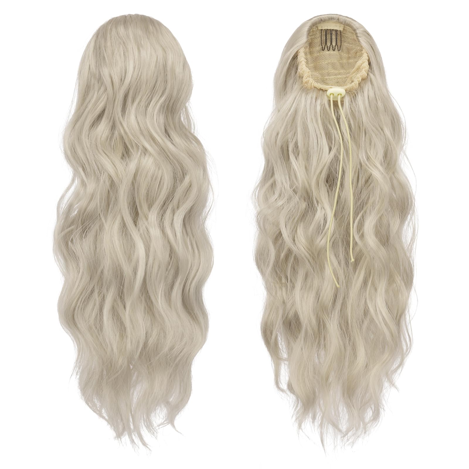 Feshfen Ponytail Extensions, Drawstring Ponytails Hair Extension Platinum Silver Blonde Long Curly Wavy Hair Piece Synthetic Pon