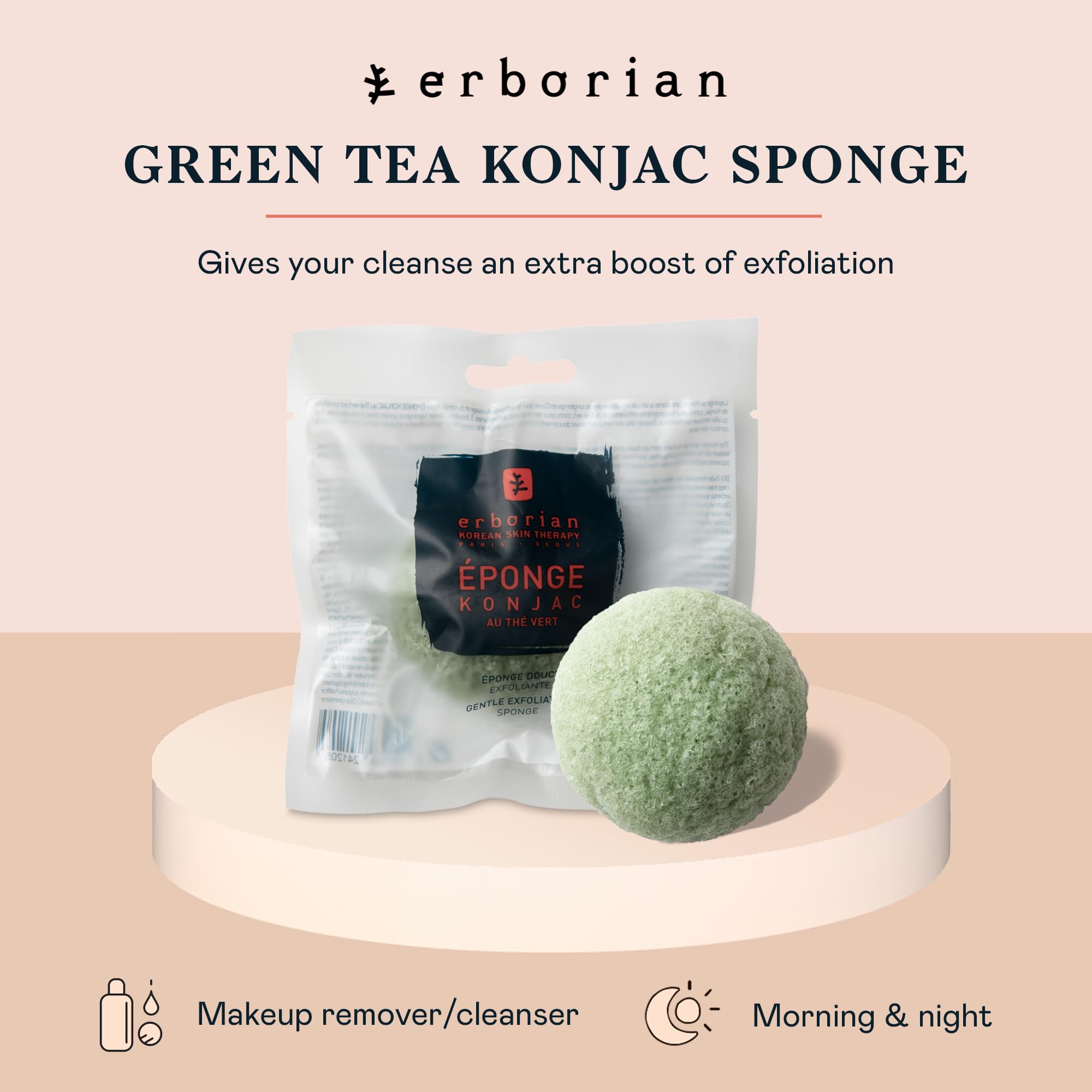 Erborian Green Tea Konjac Facial Sponge - Natural Great For Sensitive, Oily And Acne Prone Skin - Korean Beauty Bath Scrub For D