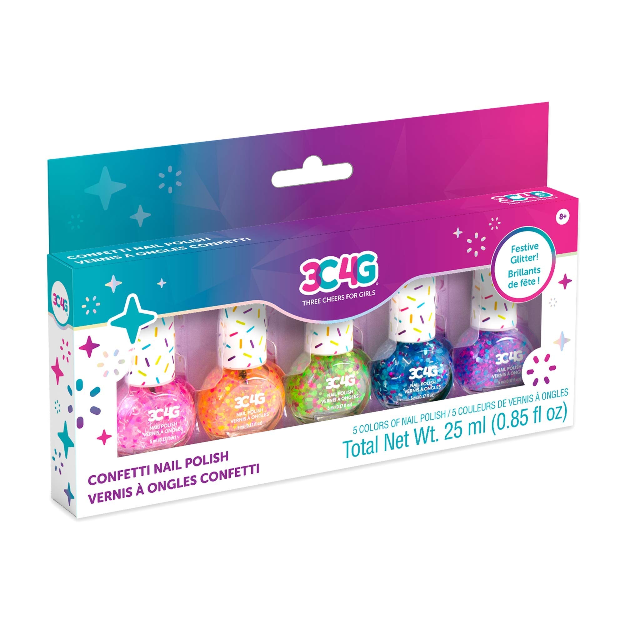 3C4G Confetti Nail Polish Set For Girls & Teens - 5 Fun, Non-Toxic Colors With Sparkling Confetti, Safe Nail Polish Kit For Kids