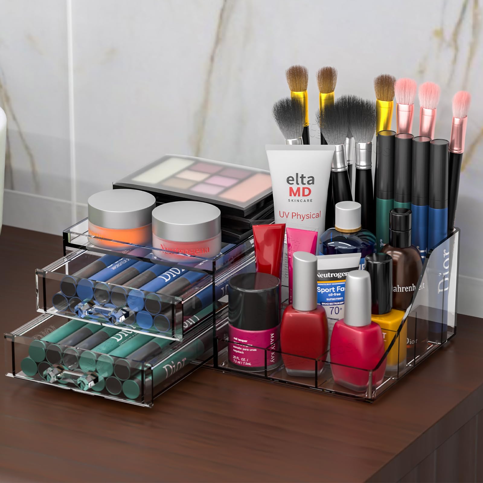 Cq Acrylic 4 Pack Clear Makeup Organizer For Counter,11 Drawers Stackable Skincare Organizer,Large Cosmetic Storage Organizer An