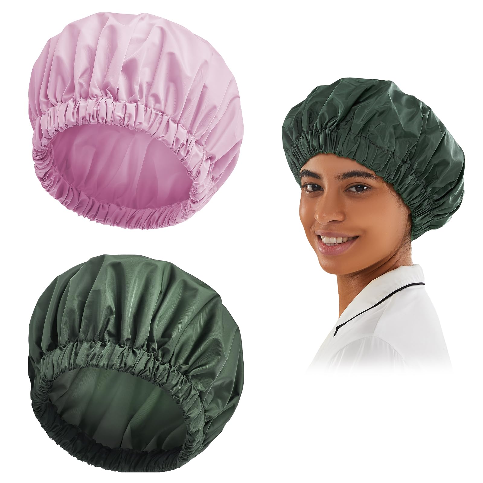 Reusable Shower Cap For Women, Large Waterproof Shower Bonnet Washable Elastic Band Bath Hair Hat For Long Hair, Braids(Green&Pu