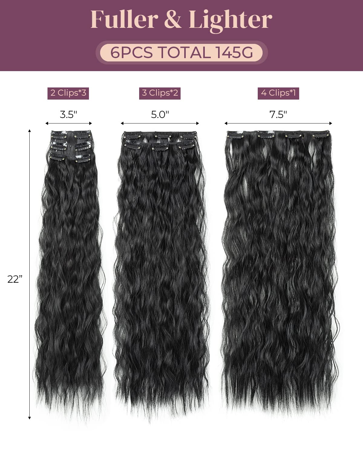 Lonai Clip In Hair Extensions, 6Pcs 24'' Black Hair Extensions Long Mermaid Waves Wavy Synthetic Clip On Hairpiece For Women(Bla