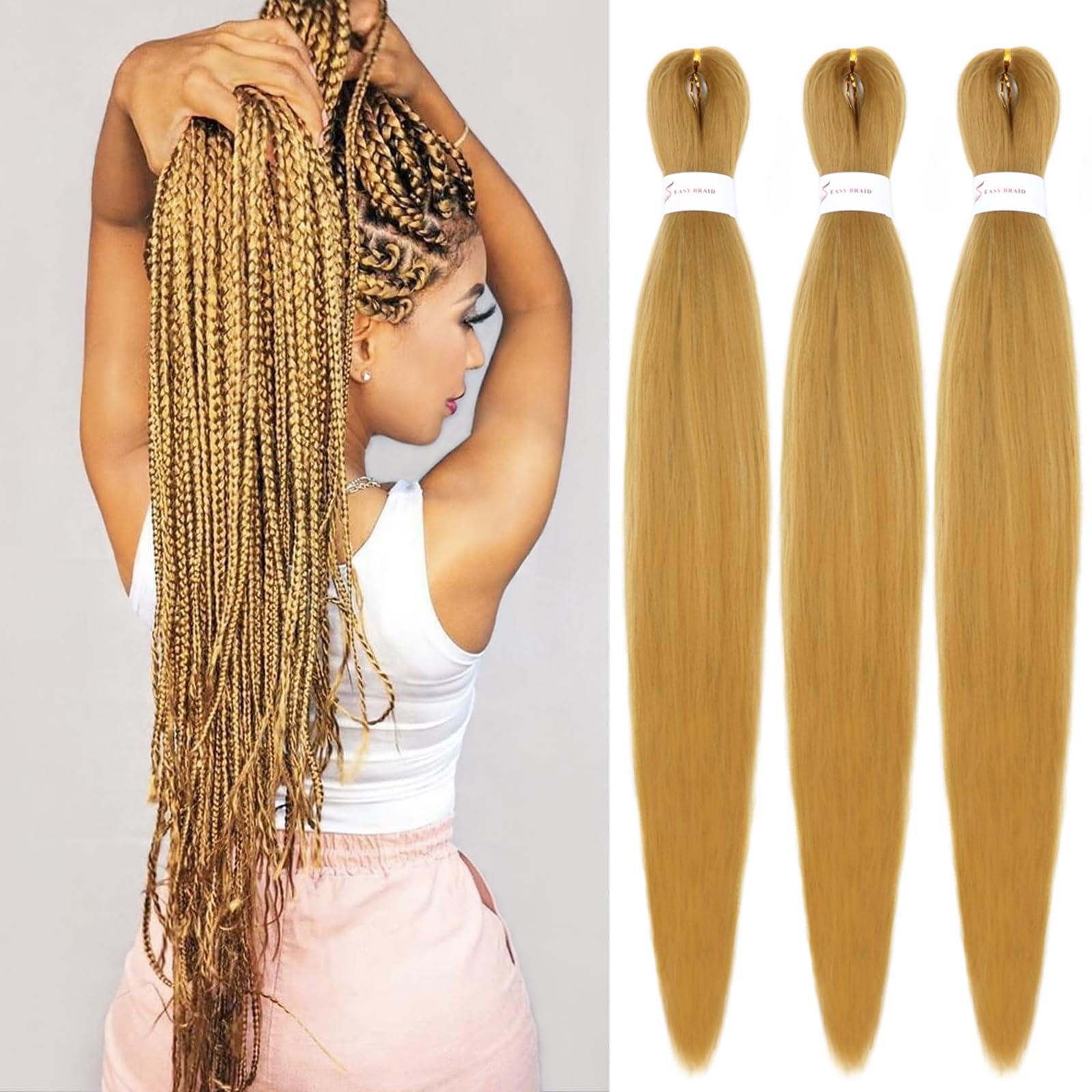 Iximii #27 Braiding Hair Pre Stretched 30 Inch 3 Packs Pre-Stretched Kanekalon Hair Honey Blonde Long Straight Braids Yaki Textu