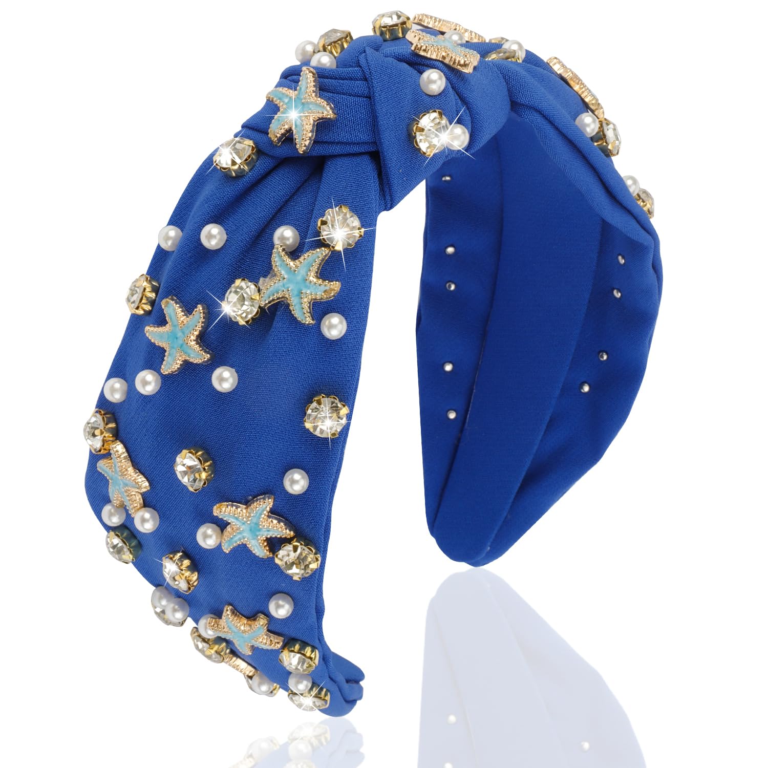 Atoden Royal Blue Headband with Pearl, Rhinestone, and Starfish Embellishments for Women's Hair - Wide Top Knot Headband - Hair 