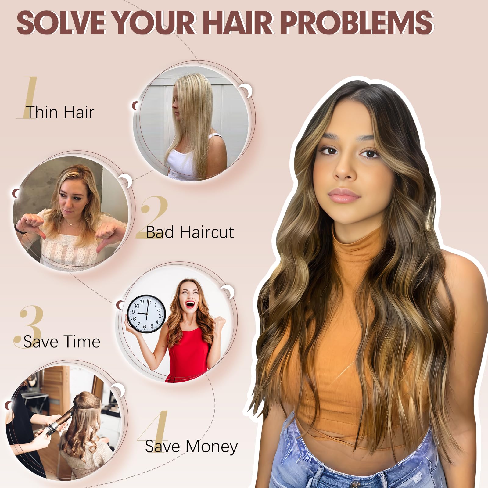 FESHFEN Clip in Hair Extensions - 4 PCS Long Wavy Copper Red Thick Clip in Hairpieces Full Head Synthetic Hair Extension for Wom