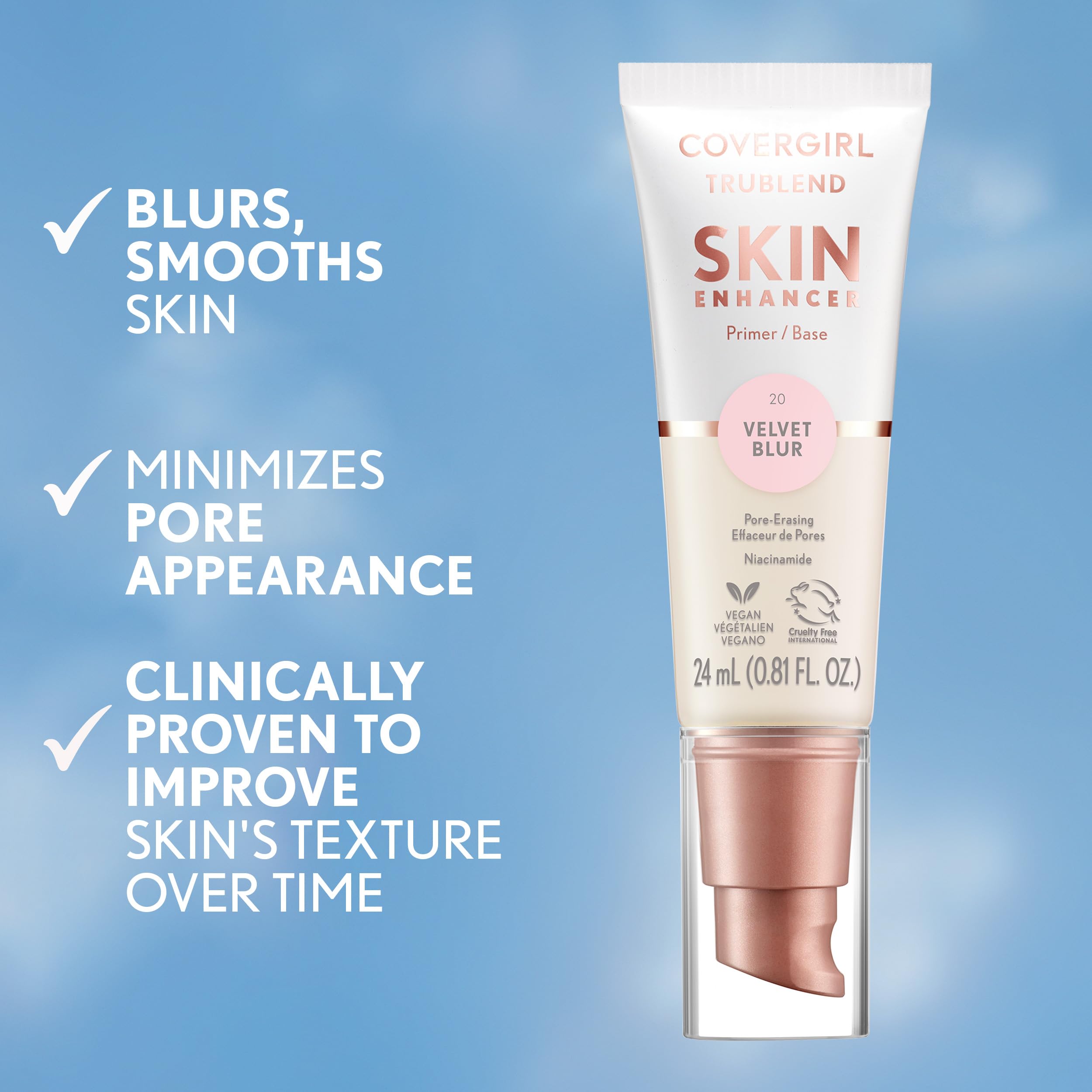 CoverGirl TruBlend Skin Enhancer, Velvet Blur, Primer, Plumps Dry Skin, Blurs Pores, Hydrating, Brightening, Lasts All Day, 0.81
