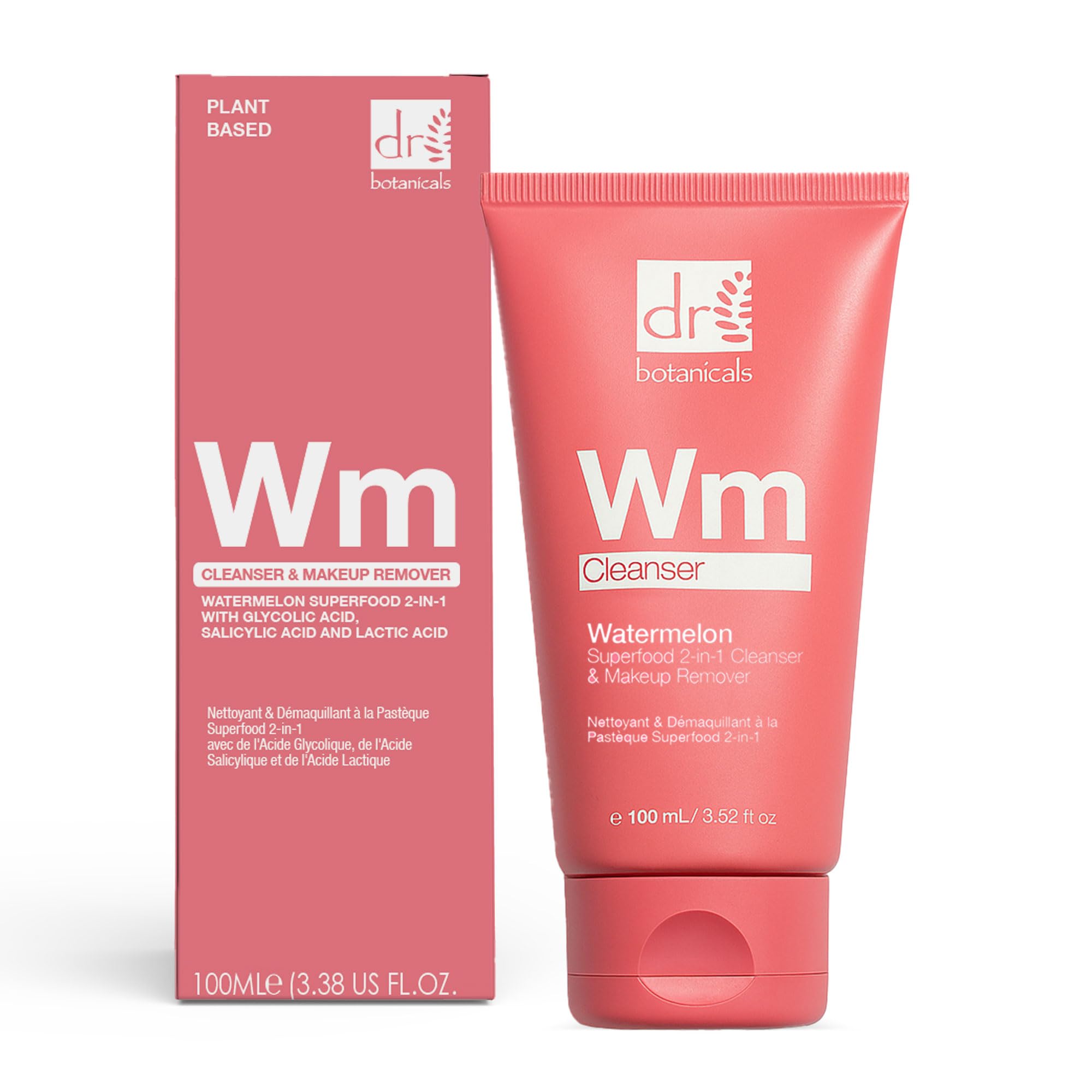Dr Botanicals Watermelon 2in1 Cleanser & Makeup Remover with Glycolic Acid, Salicylic Acid and Lactic Acid 100ml | Exfoliating