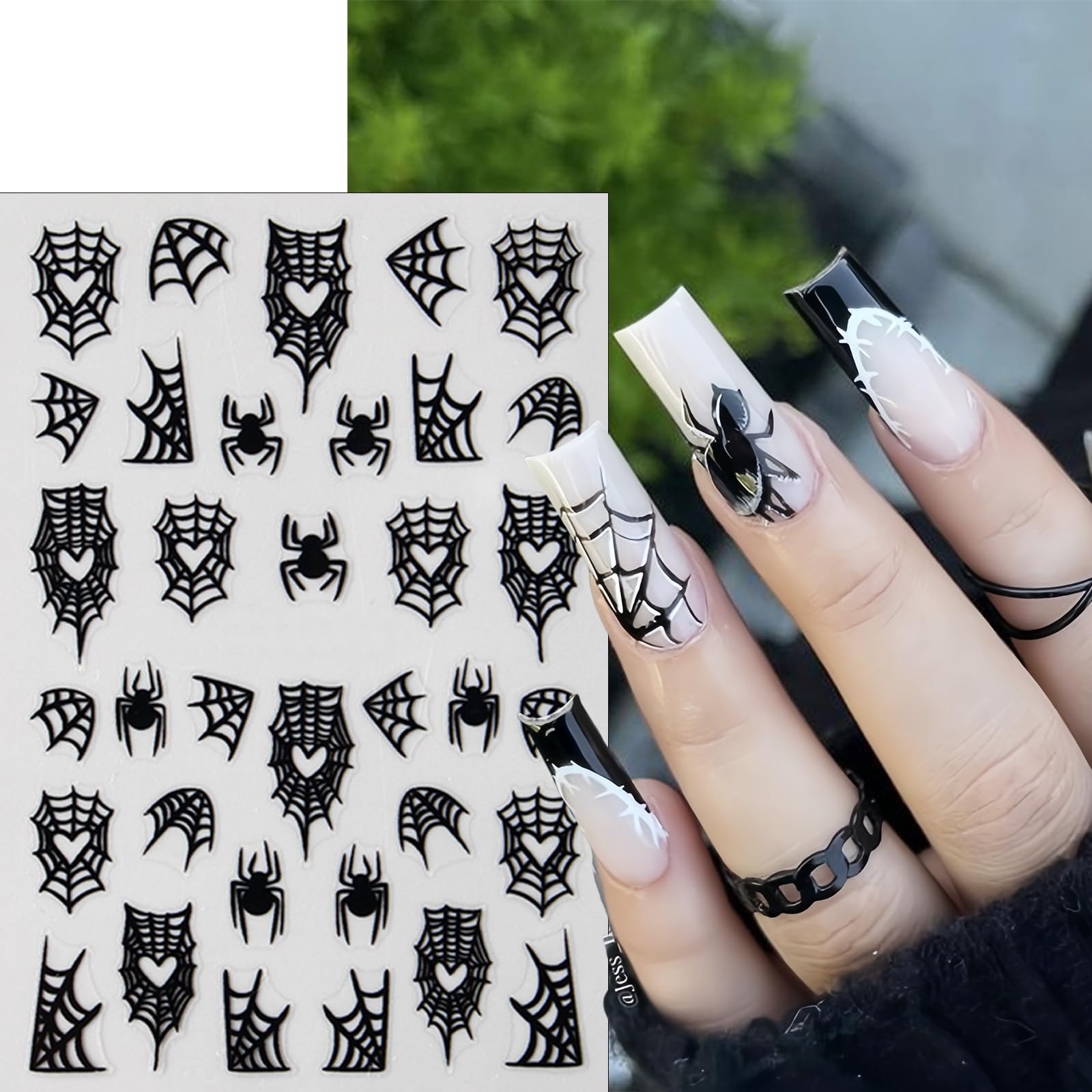 8 Sheets Spider Web Nail Art Stickers 3D Self-Adhesive Spiders Nail Decals Scary Spider Skull Bat Ghost Nail Supplies Black Whit