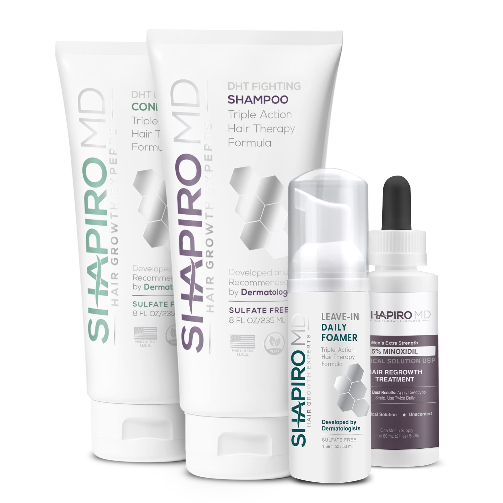 Mens Regrowth Kit Plus: Shampoo, Conditioner, 5% Minoxidil, Leave-In Foam. Complete Anti Hair Loss and Thinning Hair Solution fo