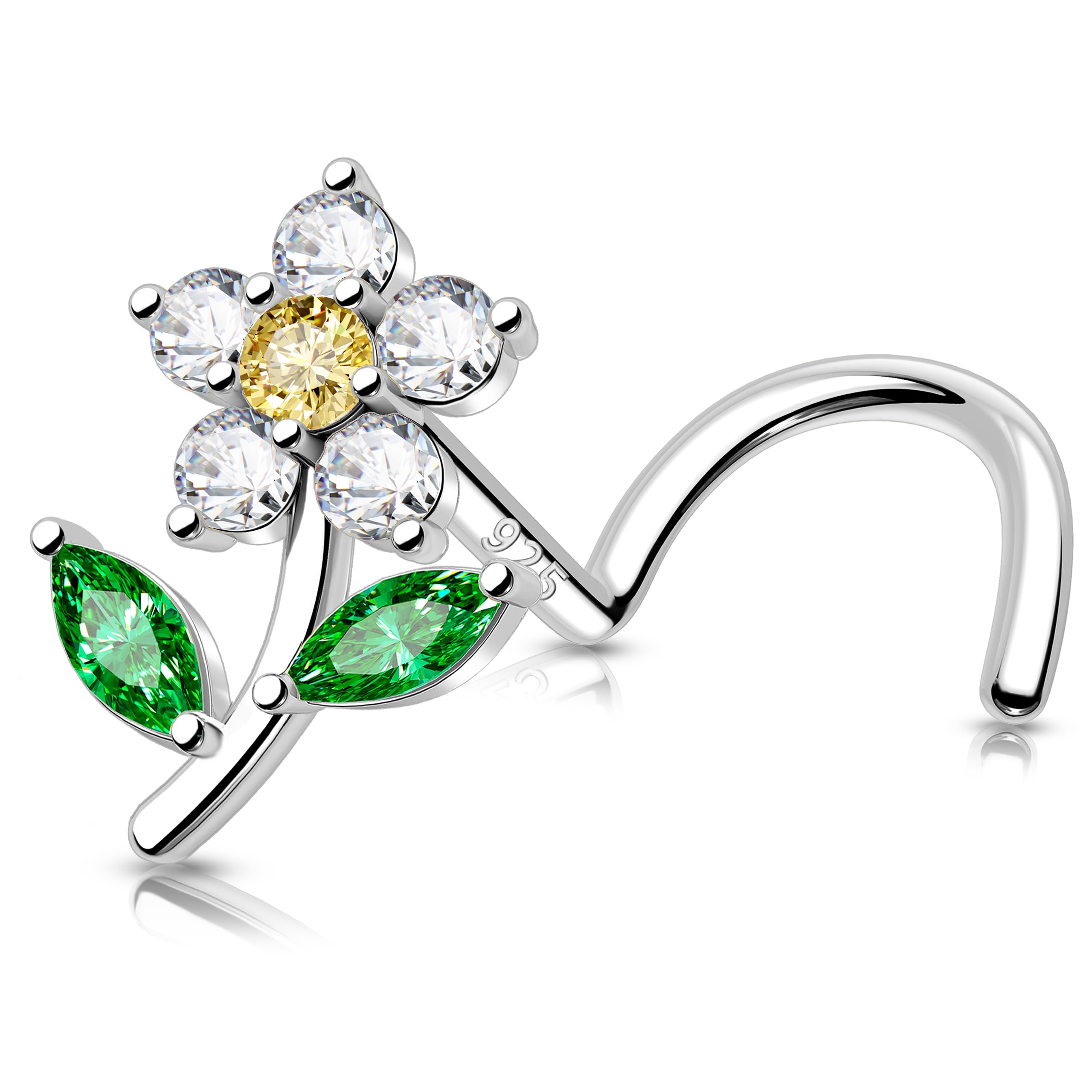 MeIighting 20G Sterling Silver 925 Flower Nose Stud S-Shaped Nose Piercing 7 mm Nose Ring Silver Nose Ring Clear CZ Cute Nose Pi