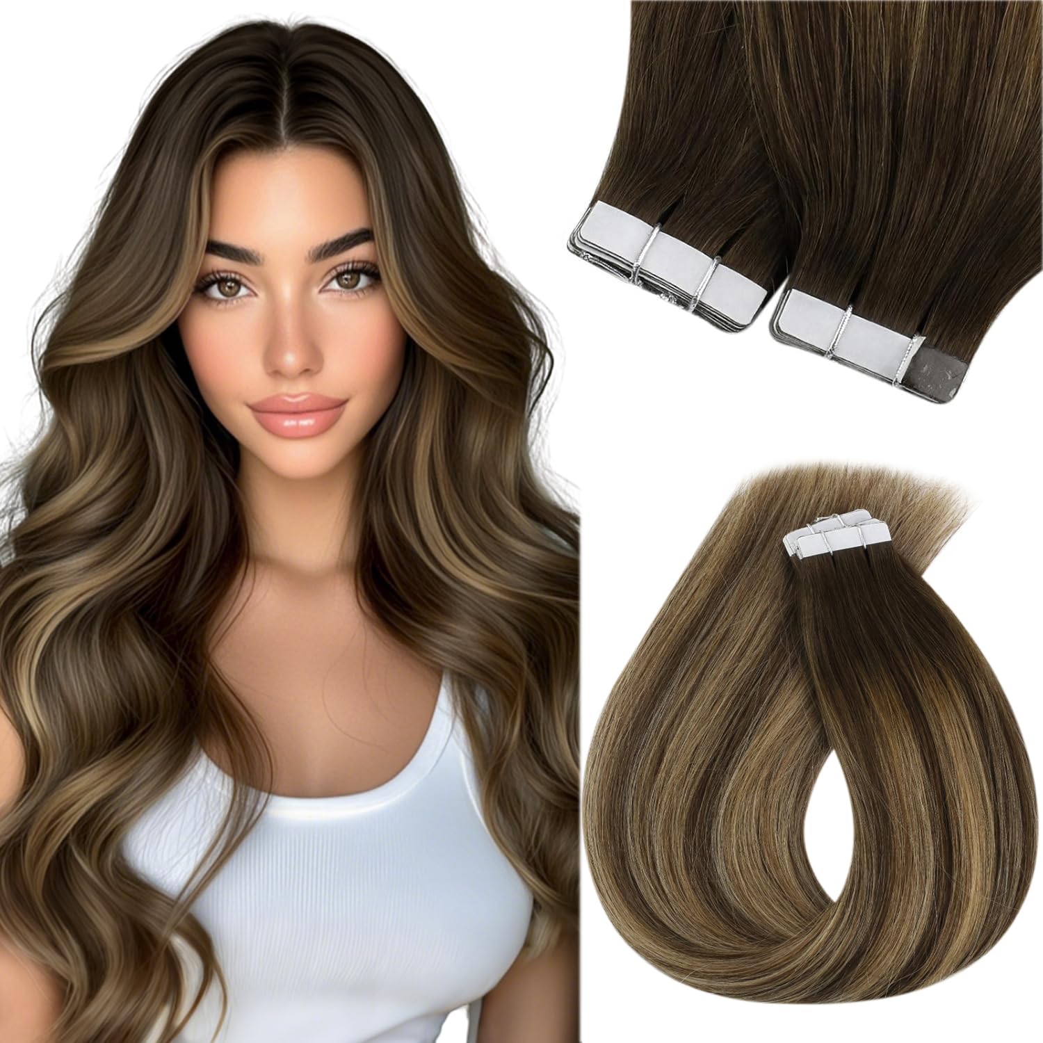 Sunny Hair Tape in Hair Extensions Real Human Hair Invisible Remy Hair Extensions Tape ins for Women Dark Brown Root to Caramel 