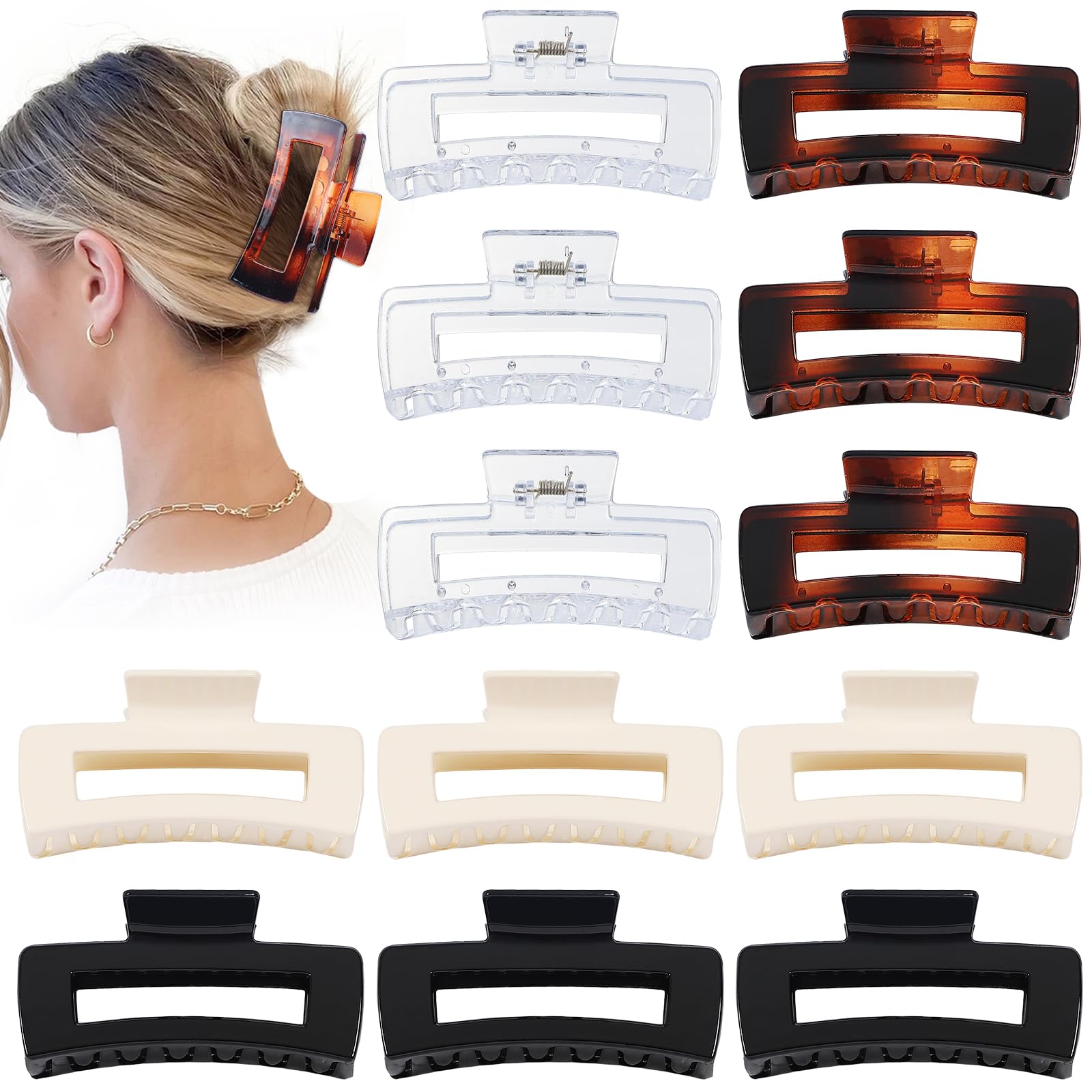 Sisiaipu 4.1 Inch Large Claw Clips - 12 Pcs Jumbo Square Jaw Clips for Thick Hair, Bulk Hair Accessories for Women and Girls - T