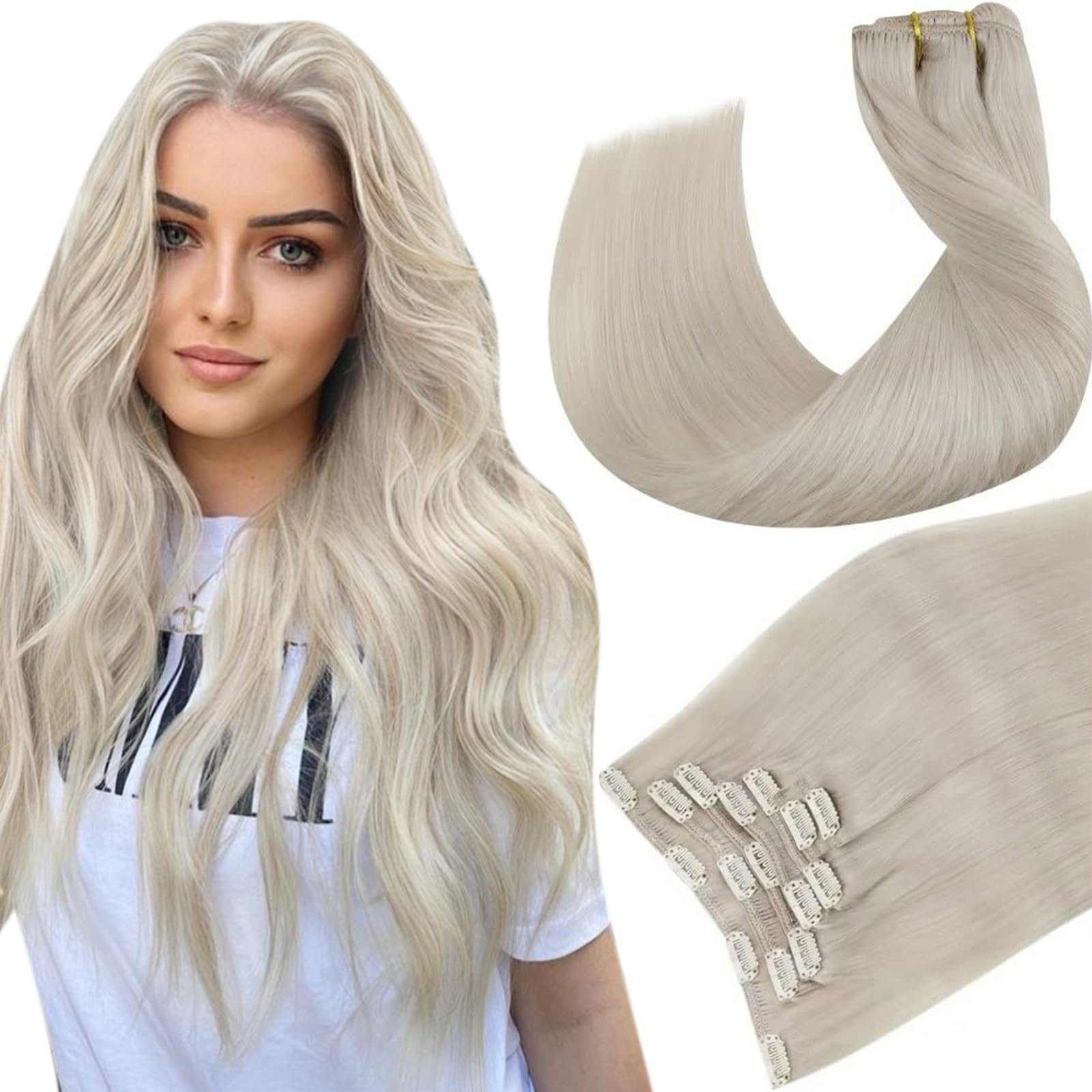 Hetto Blonde Clip in Extensions Human Hair 7Pcs 120g #60 Platinum Blonde Clip in Human Hair Extensions 22 Inch Clip in Hair Exte